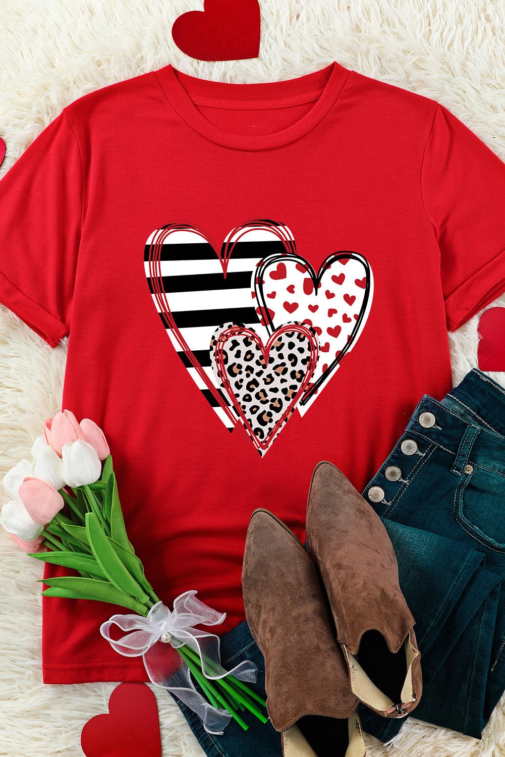 Red Leopard Striped Heart Shaped Print Crew Neck T Shirt - Blu Pepper Boutique