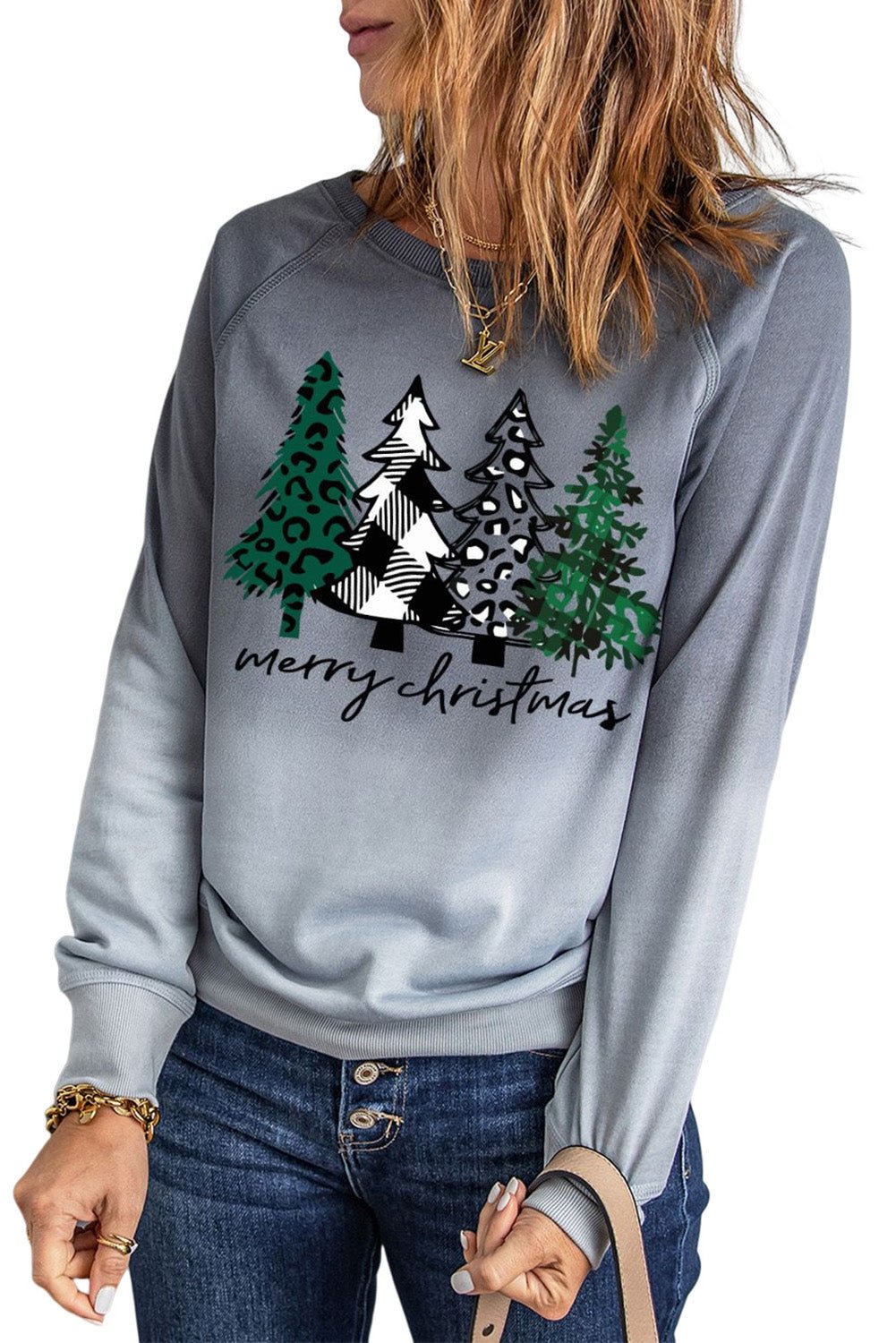 Gray Merry Christmas Tree Gradient Color Print Graphic Sweatshirt - Blu Pepper Boutique