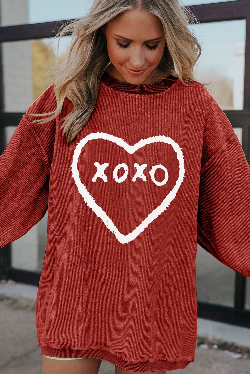Racing Red XOXO Heart Shape Graphic Corded Sweatshirt - Blu Pepper Boutique