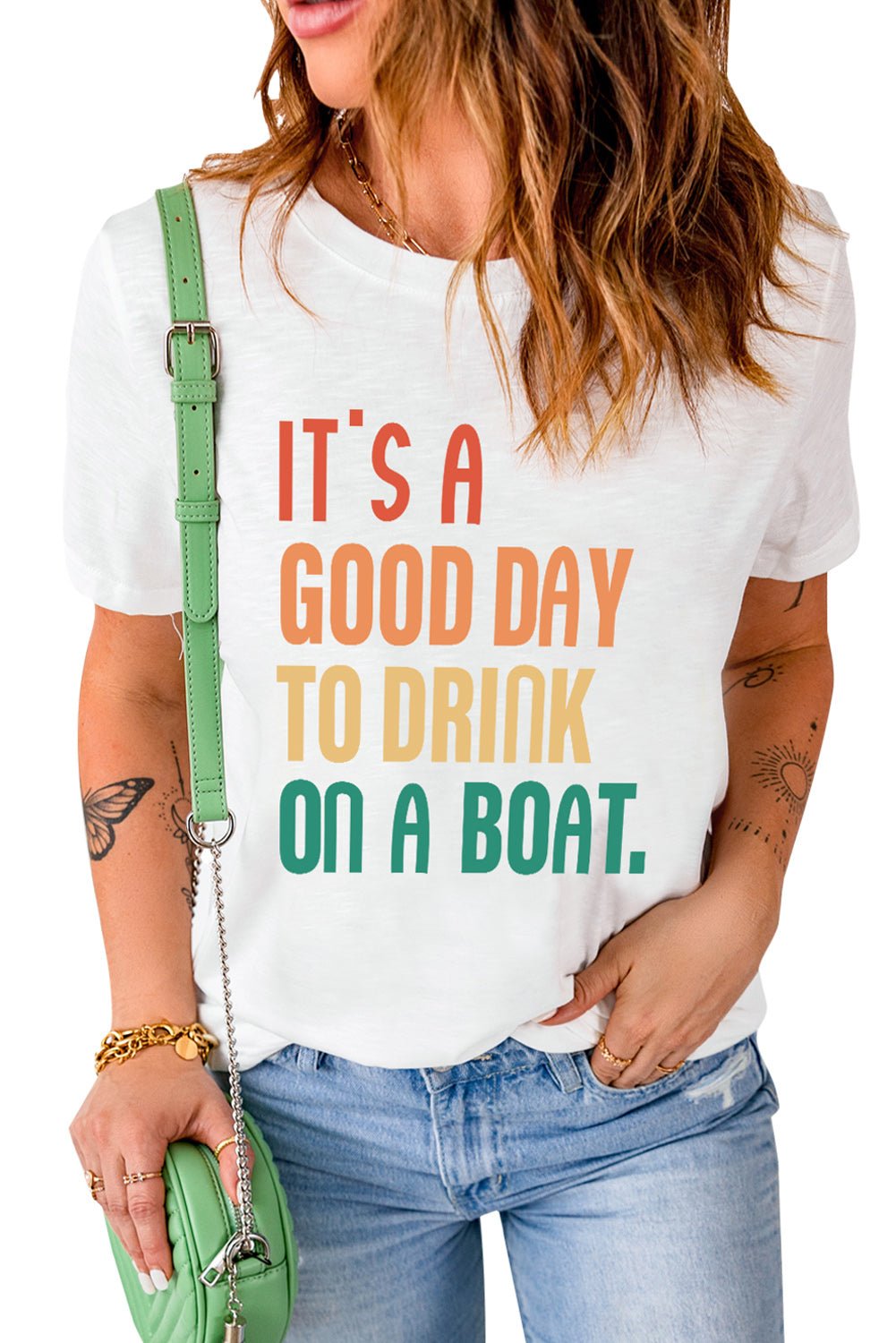 White IT'S A GOOD DAY TO DRINK ON A BOAT Slogan Graphic Tee - Blu Pepper Boutique
