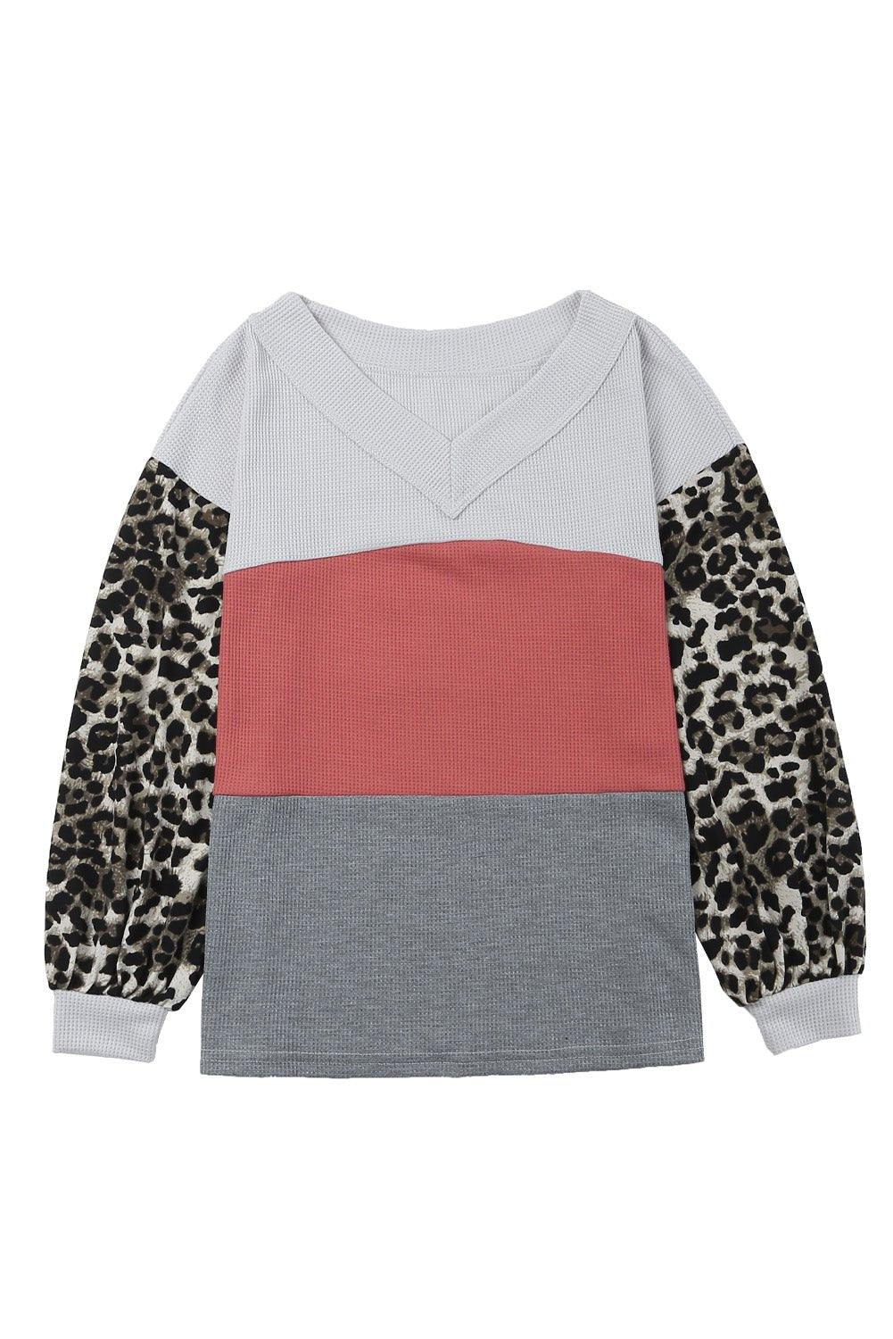 Red Wild Leopard Contrast Sleeve Colorblock Waffle Knit Top - Blu Pepper Boutique
