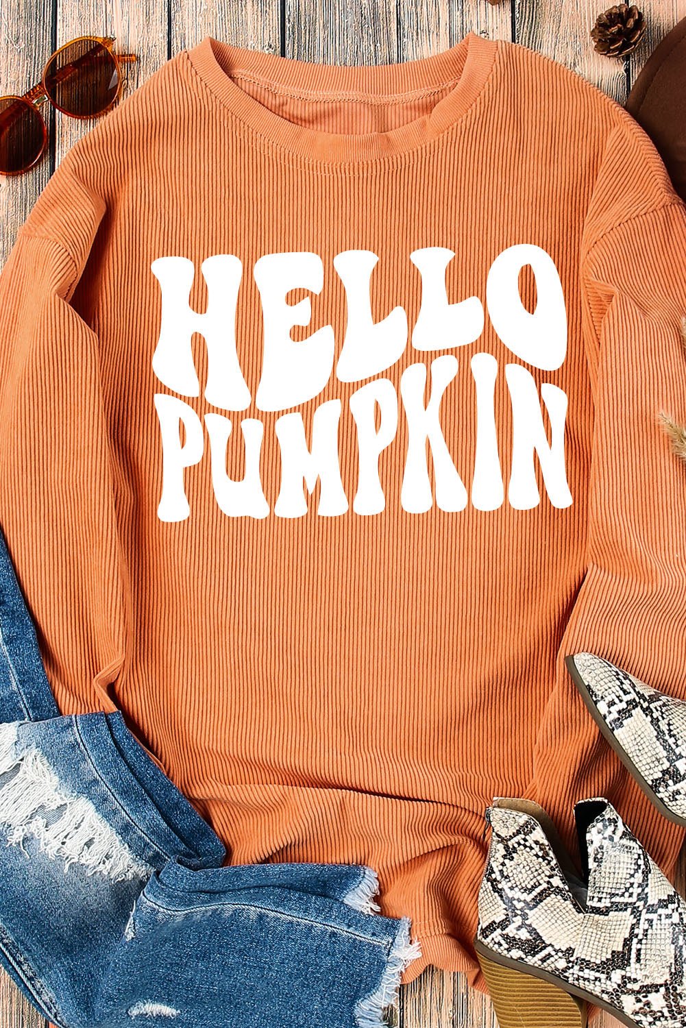 Orange HELLO PUMPKIN Letter Graphic Corded Sweatshirt - Blu Pepper Boutique