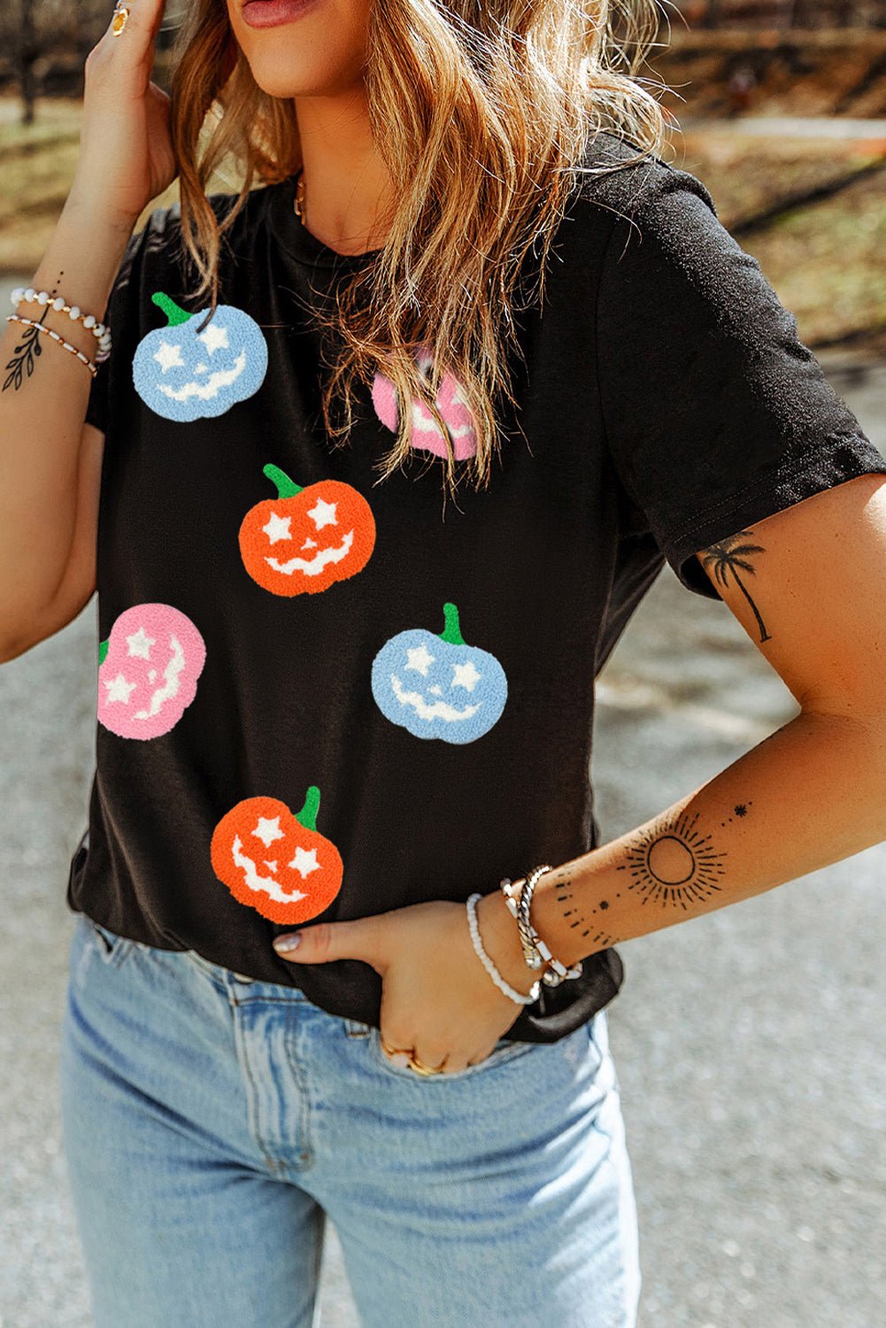 Black Chenille Pumpkin Patched Playful Halloween T Shirt - Blu Pepper Boutique