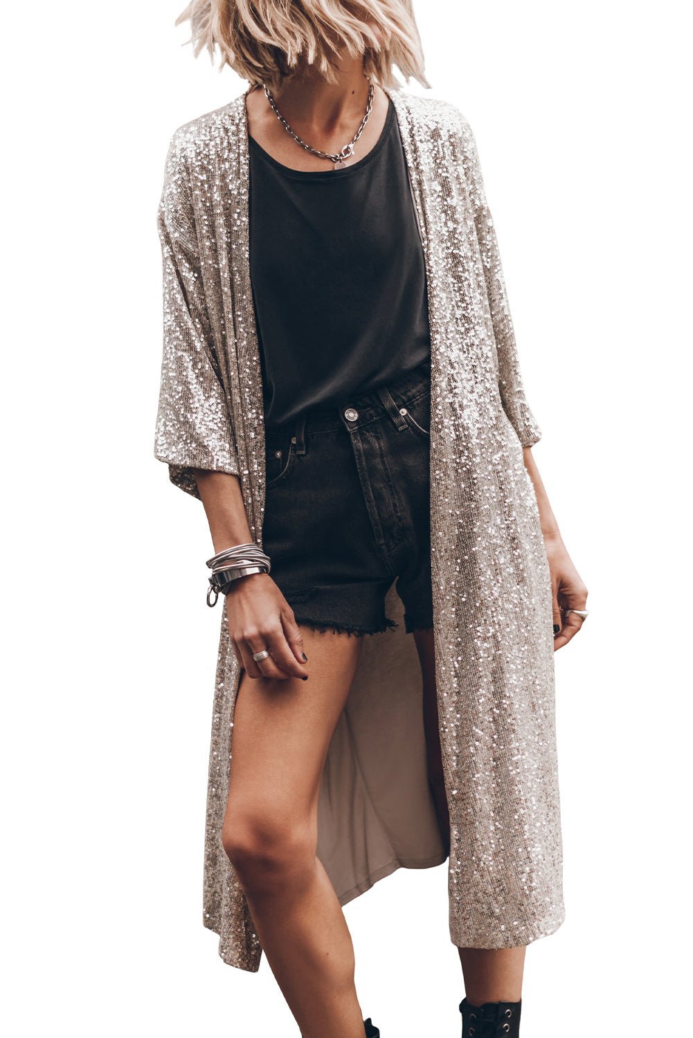 Apricot Sequin 3/4 Sleeve Open Front Duster Kimono - Blu Pepper Boutique
