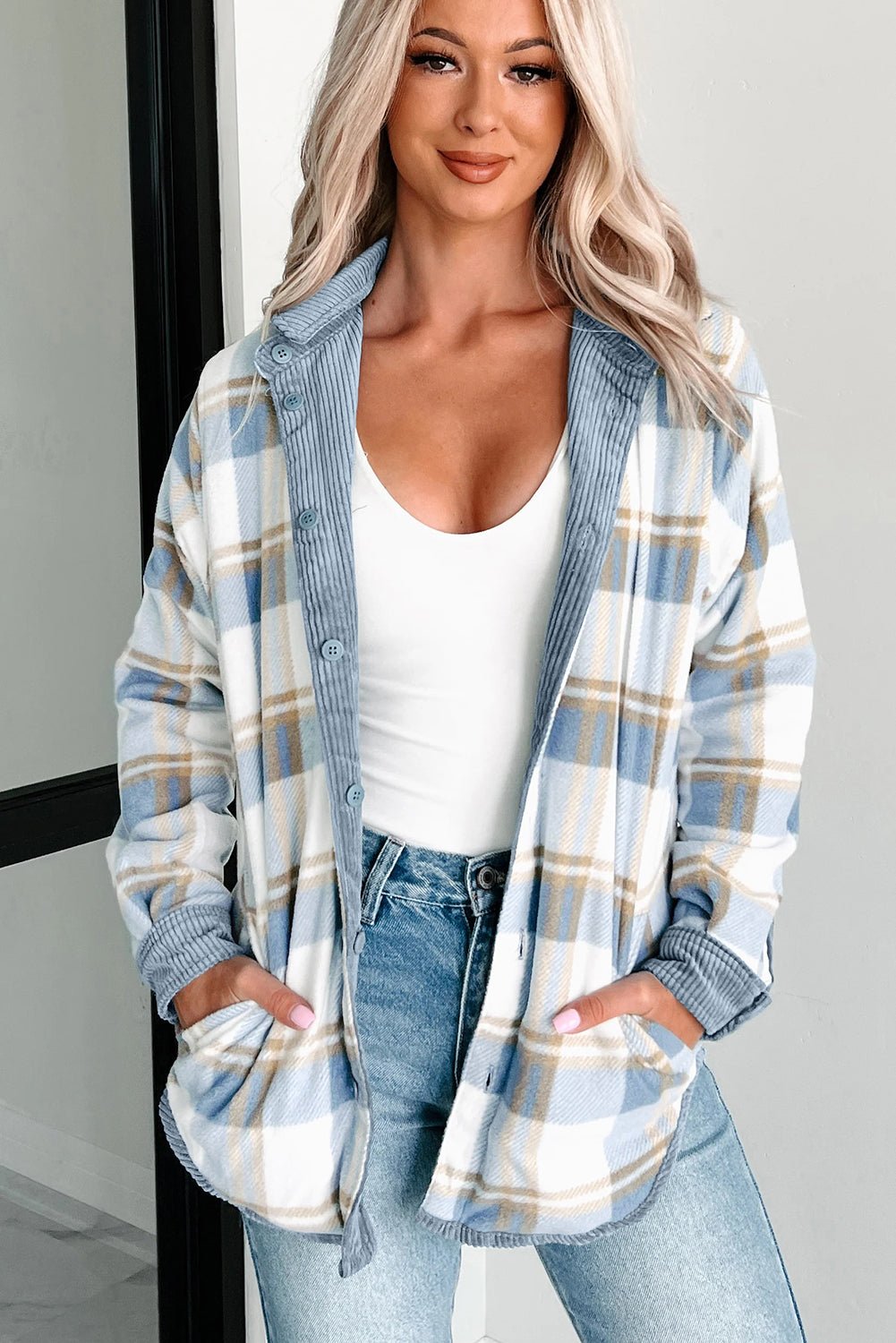 Stone Blue Plaid Corduroy Reversible Button Up Shacket - Blu Pepper Boutique