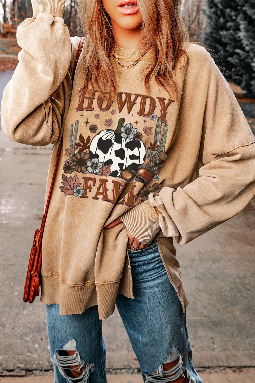 Khaki HOWDY FALL Pumpkin Print Split Hem Sweatshirt - Blu Pepper Boutique