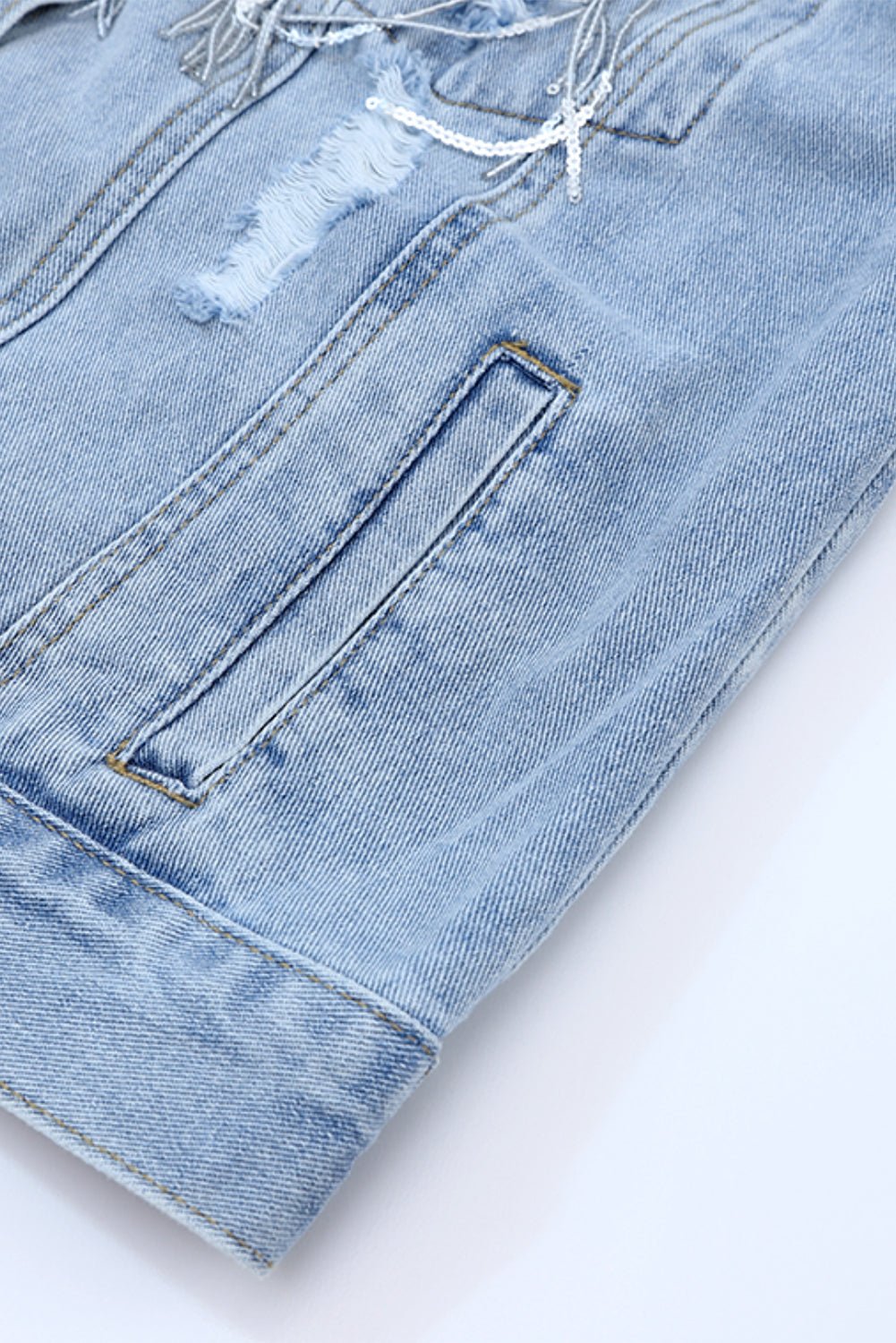 Sky Blue Sequin Embellished Fringe Distressed Denim Jacket - Blu Pepper Boutique