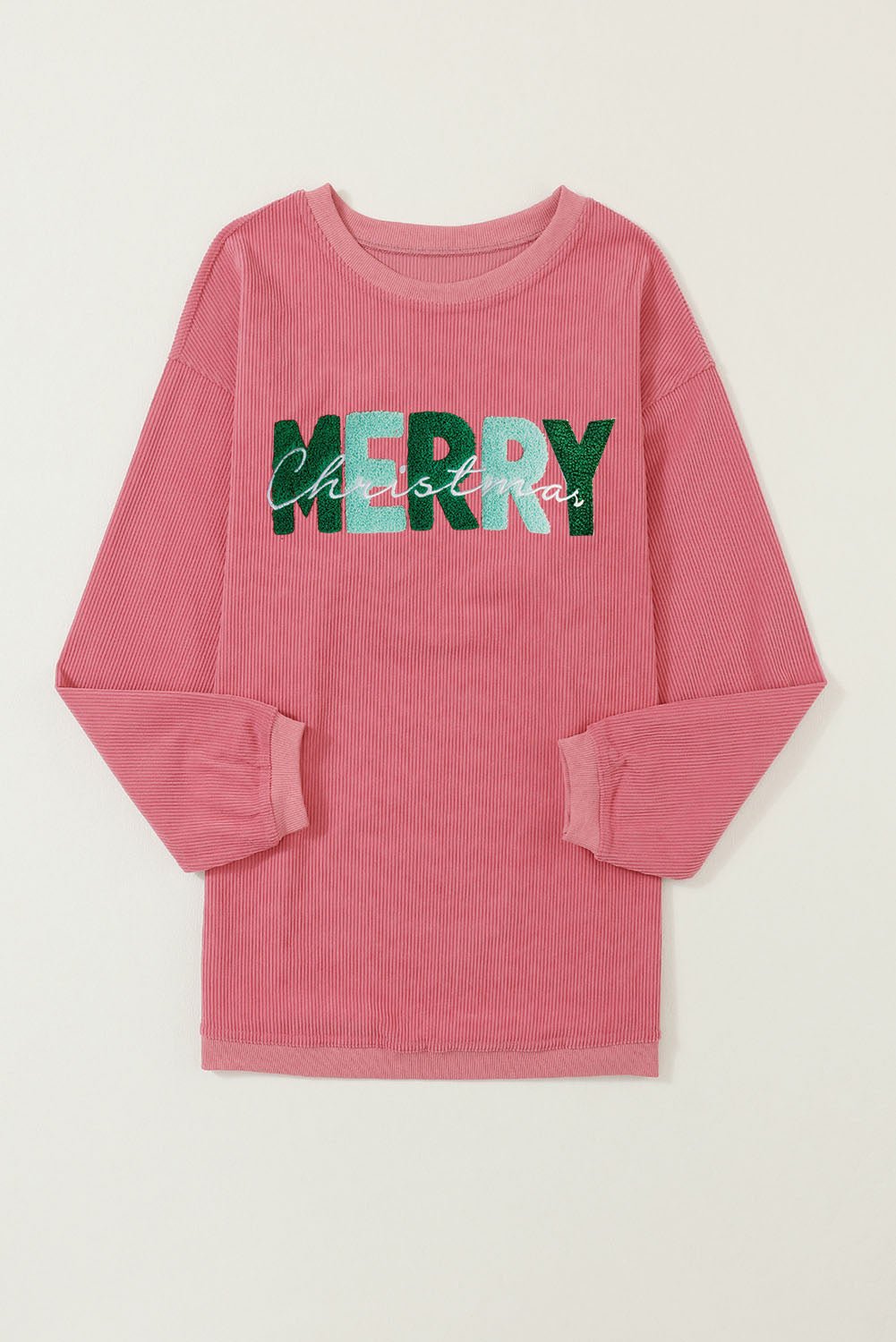 Strawberry Pink MERRY Christmas Corded Pullover Sweatshirt - Blu Pepper Boutique