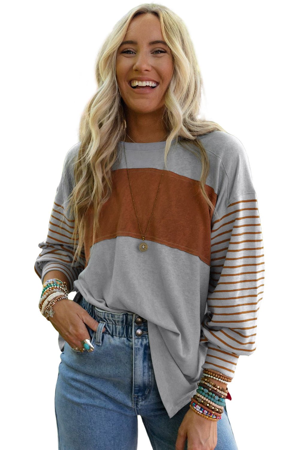 Gray Colorblock Striped Bishop Sleeve Top - Blu Pepper Boutique