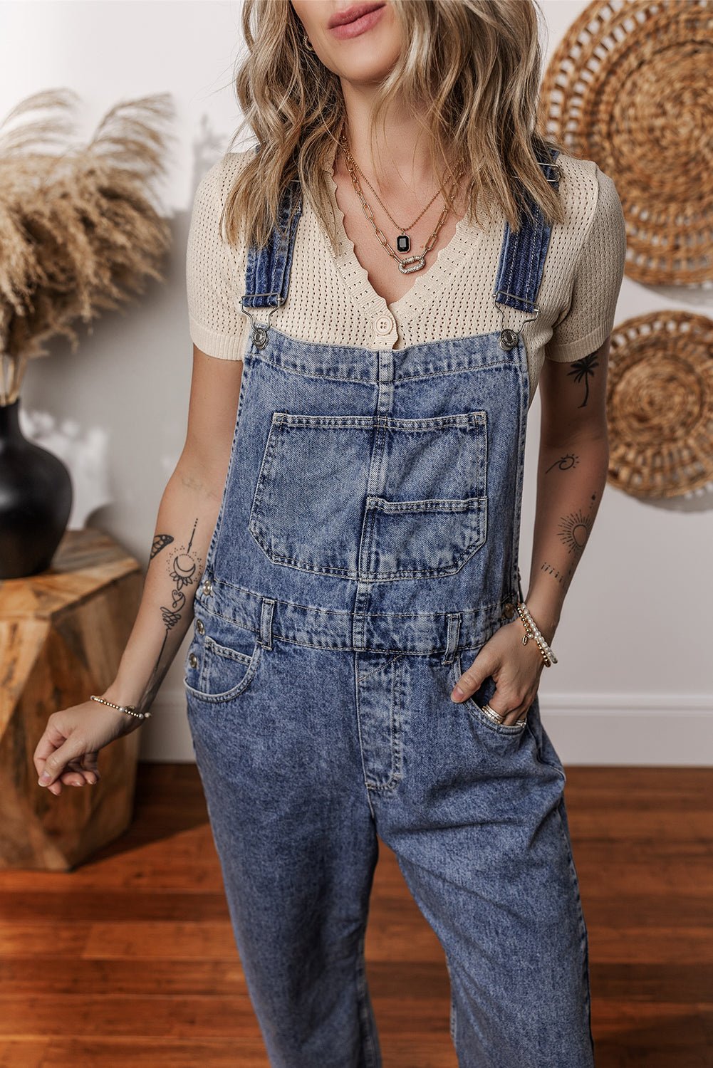 Sail Blue Denim Bib Straight Leg Jumpsuit with Pockets - Blu Pepper Boutique