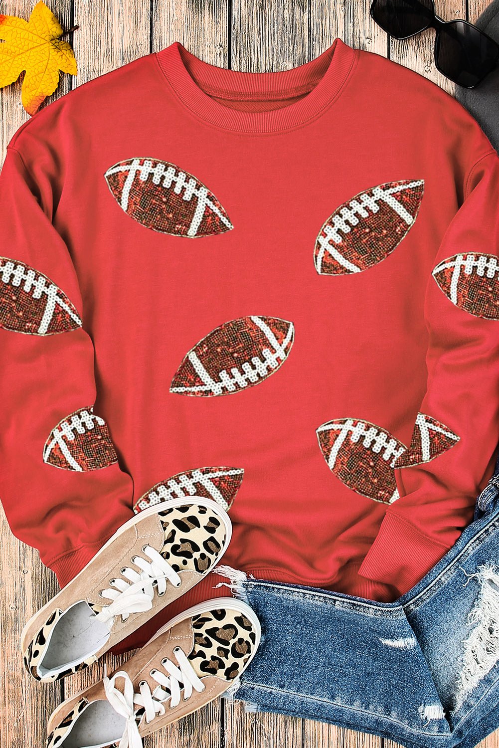Red Sequined Rugby Graphic Drop Shoulder Sweatshirt - Blu Pepper Boutique