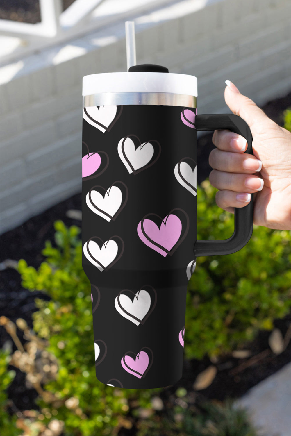 Black Valentines Heart Printed Thermos Cup with Handle