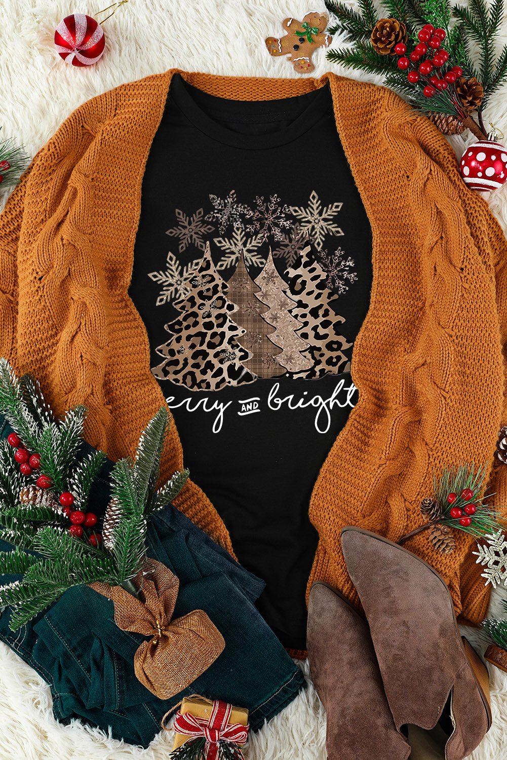 Black Leopard Christmas Tree Graphic Crew Neck T Shirt - Blu Pepper Boutique