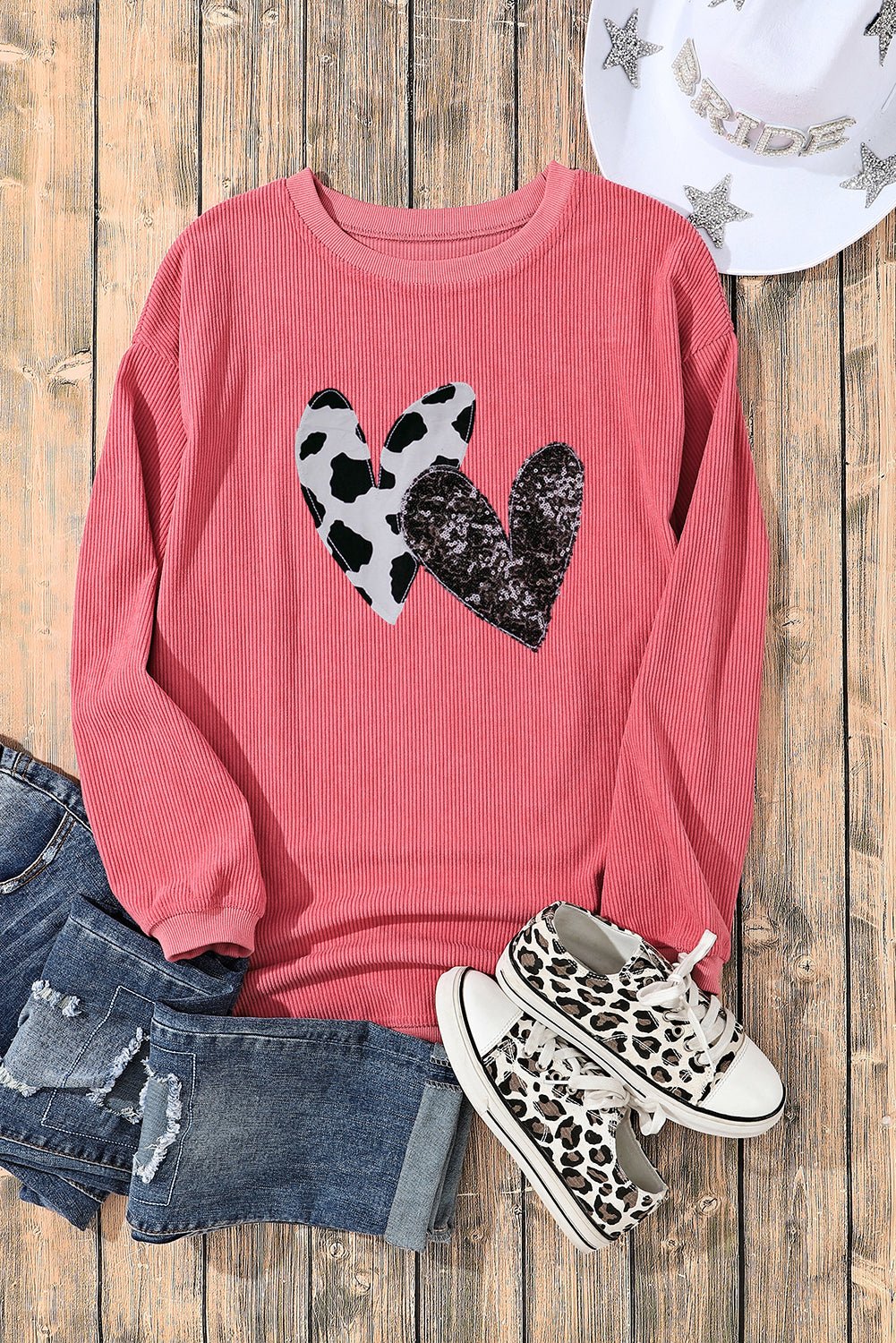 Strawberry Pink Leopard Sequin Heart Graphic Corded Sweatshirt - Blu Pepper Boutique