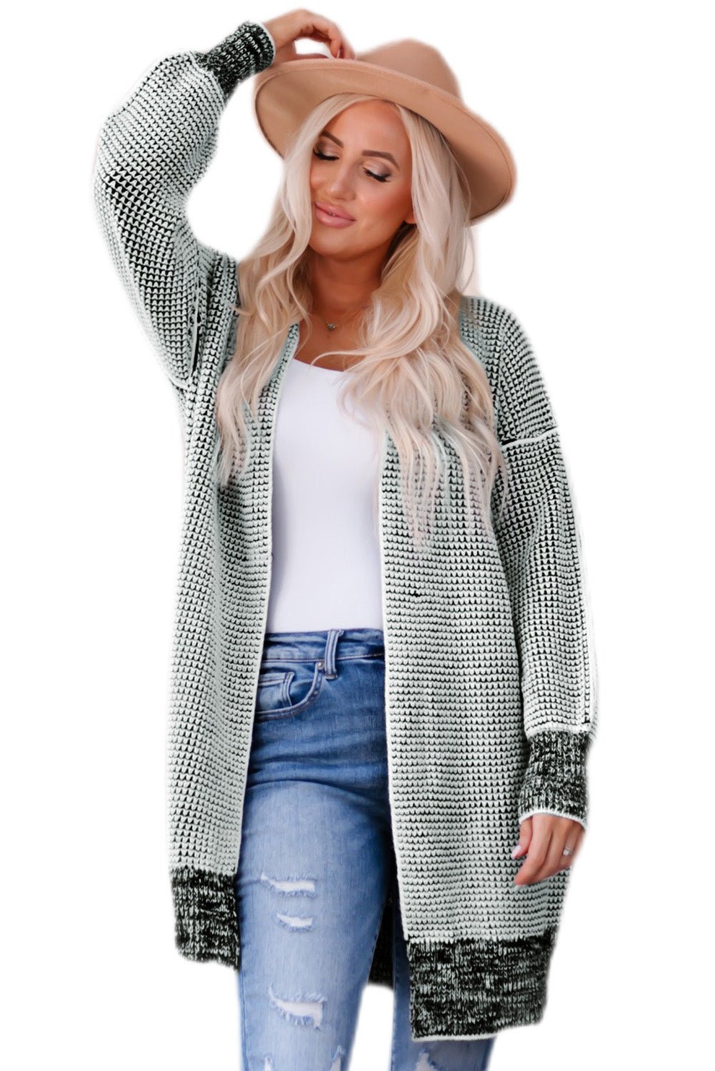 Gray Plaid Knitted Long Open Front Cardigan - Blu Pepper Boutique