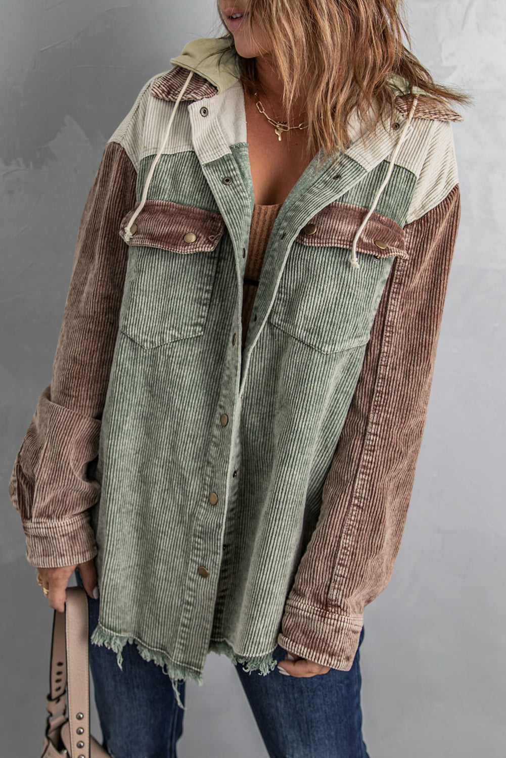 Green Color Block Button Down Hooded Corduroy Jacket