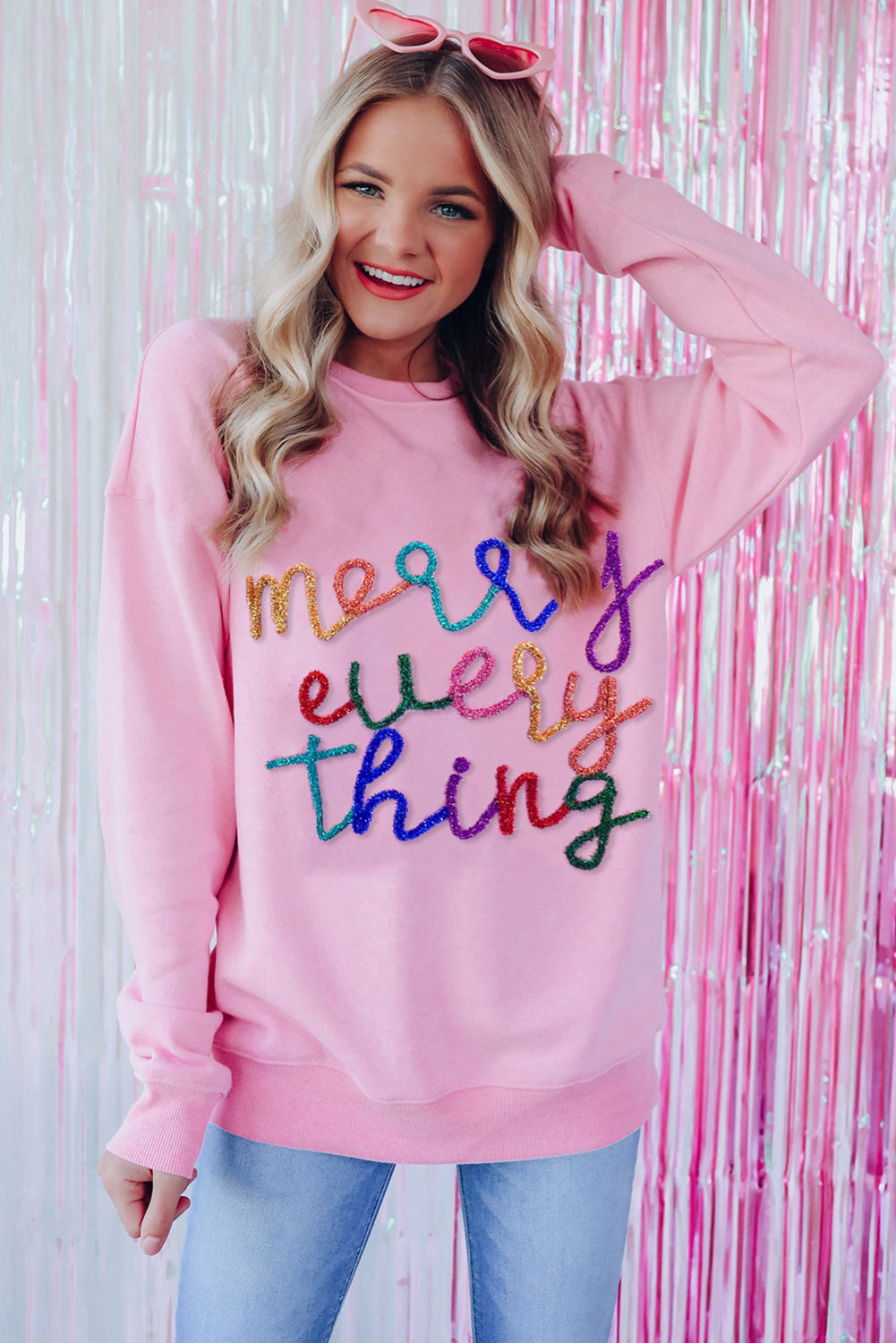 Peach Blossom Merry Every Thing Glitter Slogan Sweatshirt