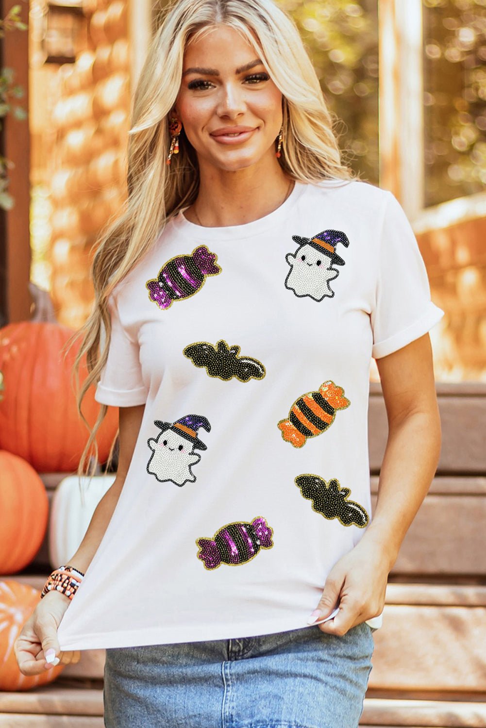 White Sequined Halloween Spirit Pattern Patched Custom Casual Tee - Blu Pepper Boutique