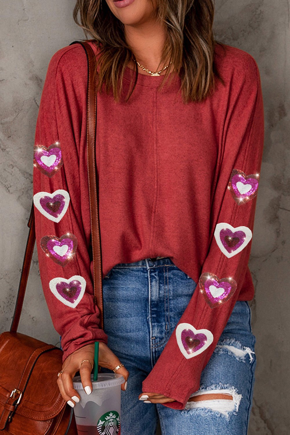 Red Shiny Heart Printed Sleeves Valentine Fashion Top - Blu Pepper Boutique