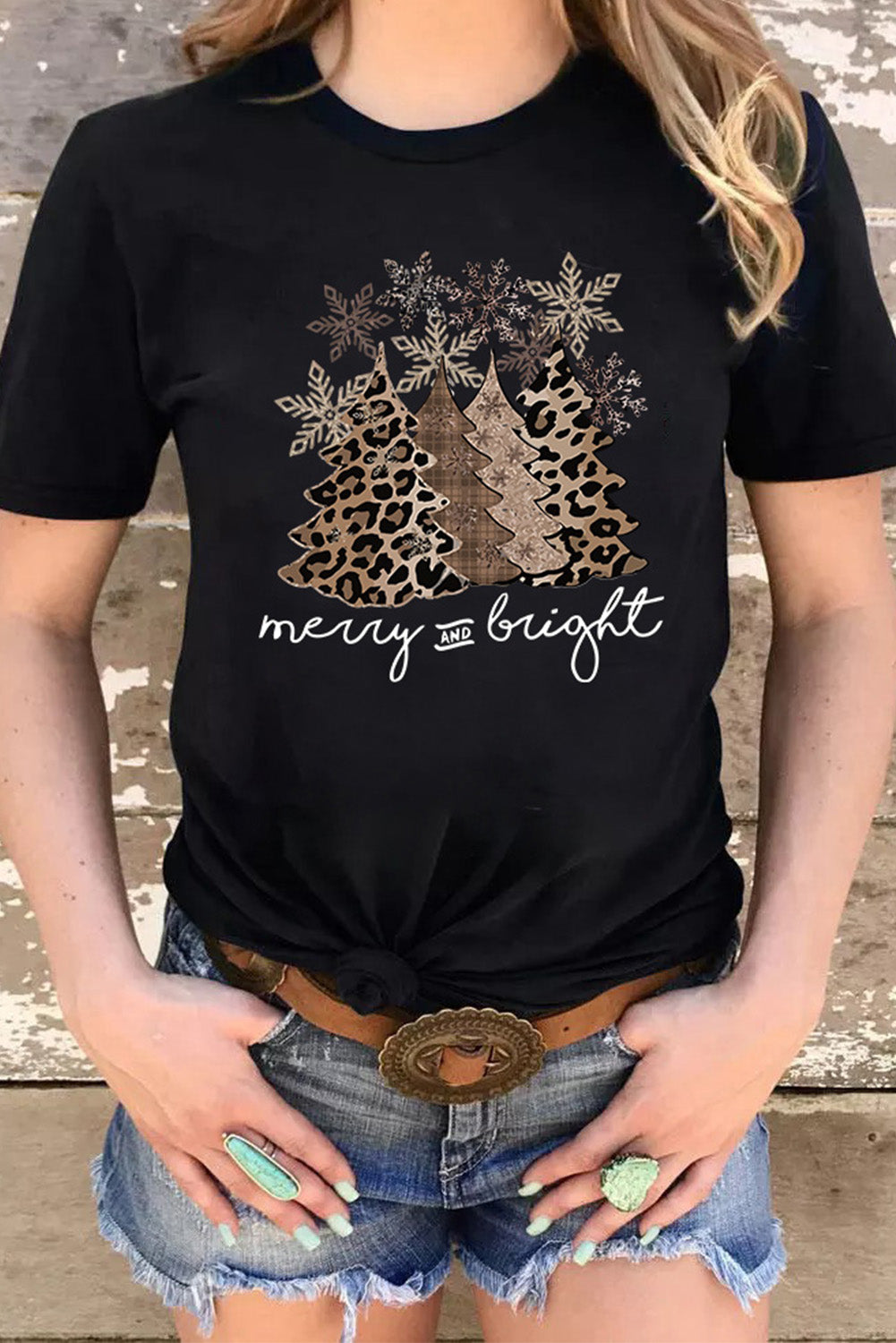 Black Leopard Christmas Tree Graphic Crew Neck T Shirt