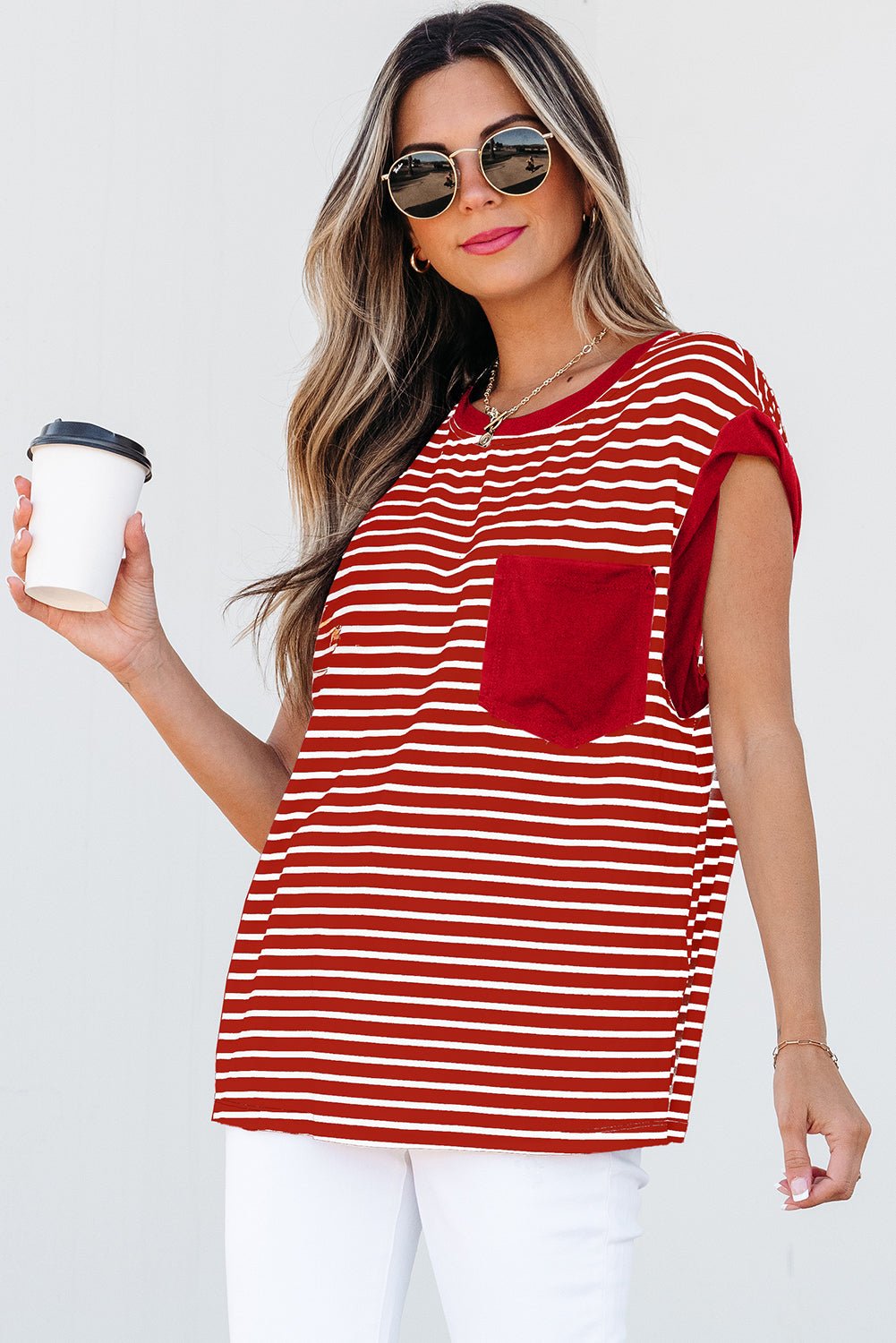Red Stripe Chest Pocket Patch Round Neck Tank Top - Blu Pepper Boutique