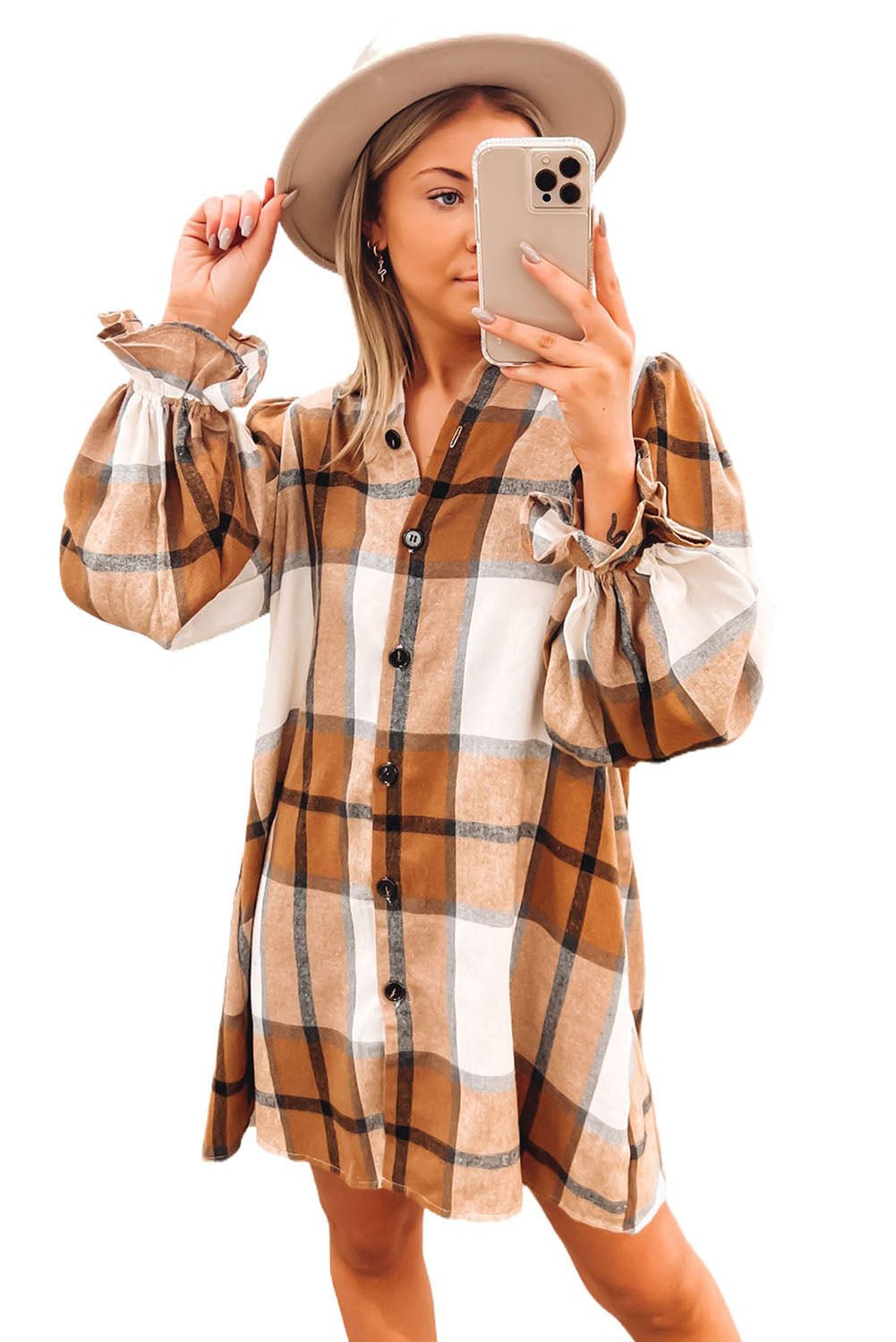 Khaki Plaid Pattern Collared Neck Ruffled Sleeve Shirt Dress - Blu Pepper Boutique