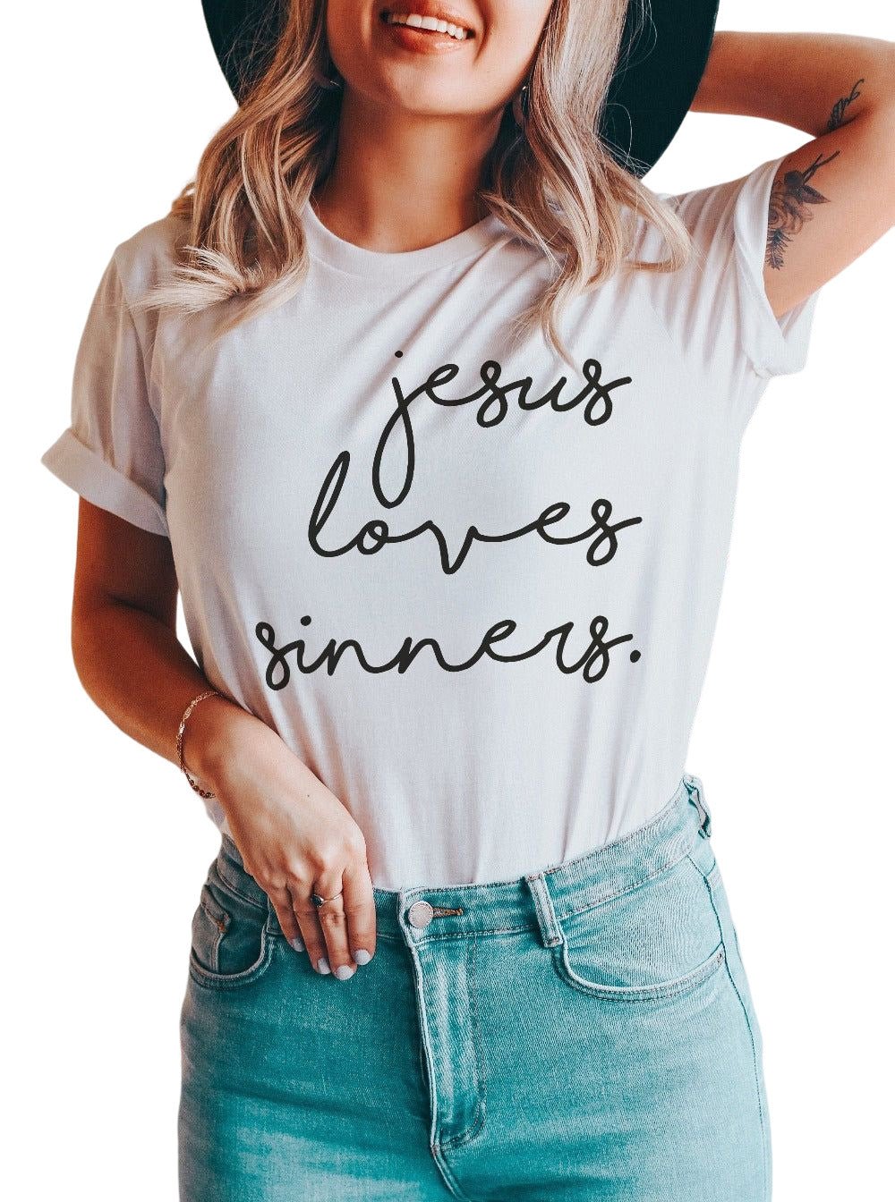 White Jesus Loves Sinners Funny Belief T Shirt - Blu Pepper Boutique