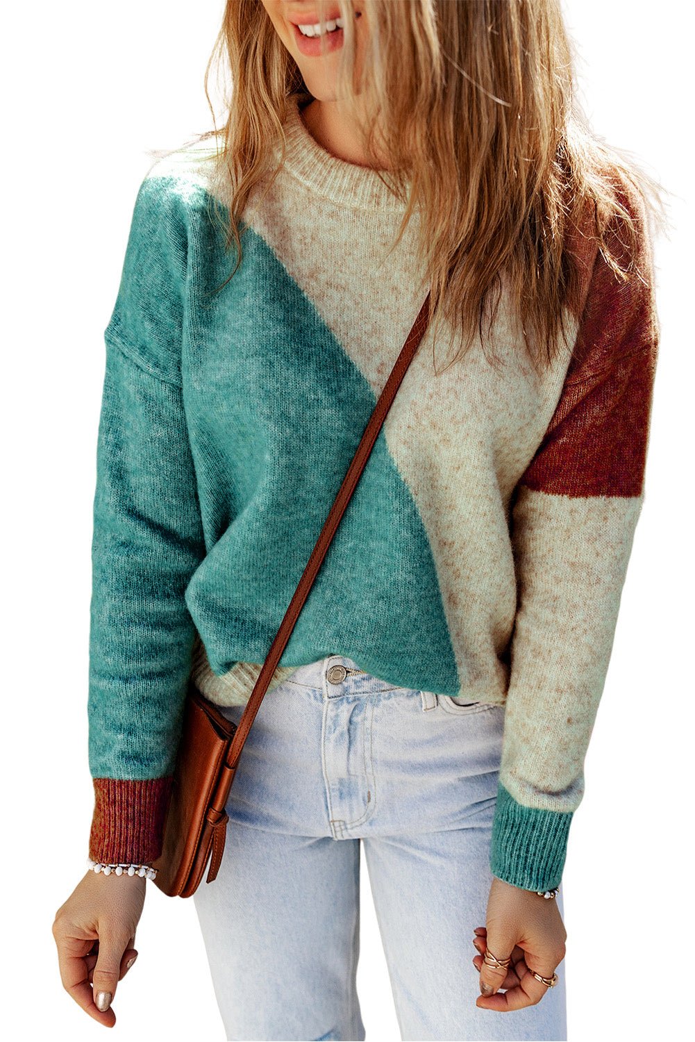 Multicolor Colorblock Ribbed Trim Round Neck Sweater - Blu Pepper Boutique