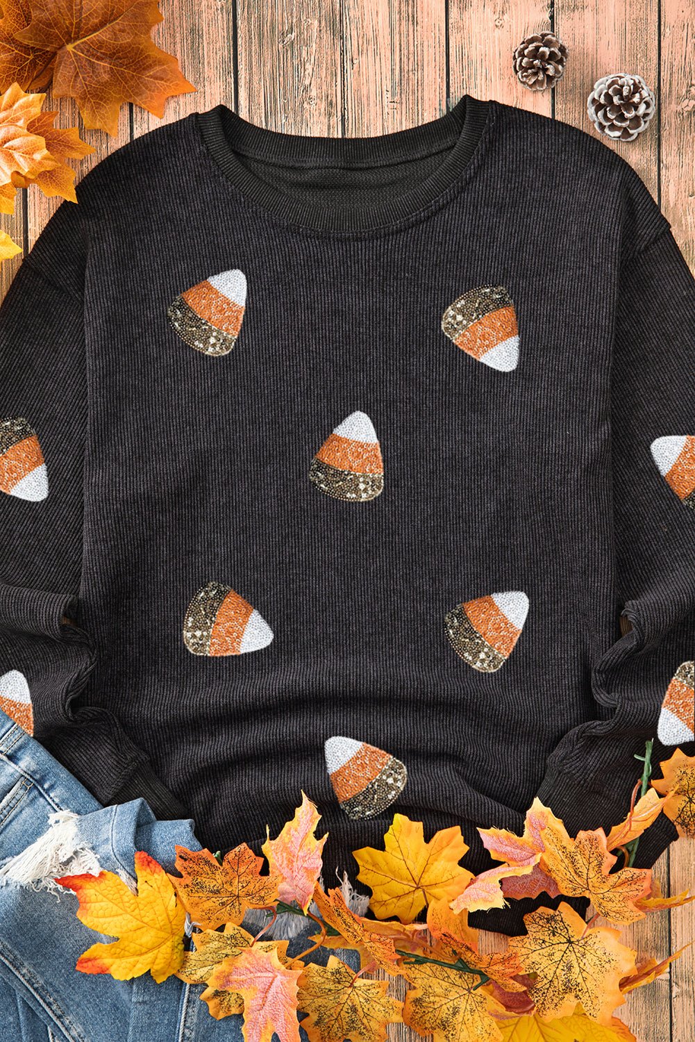 Black Sequin Candy Corn Patched Corded Halloween Sweatshirt - Blu Pepper Boutique