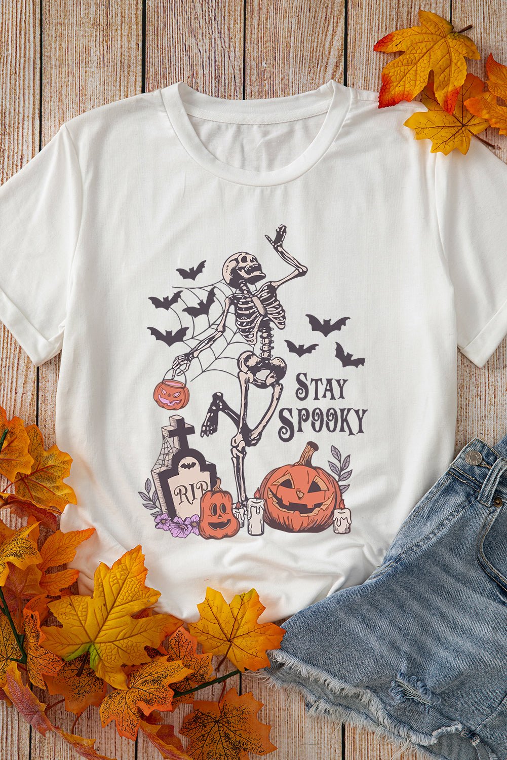 White Skull Pumpkin Face STAY SPOOKY Graphic Halloween T Shirt - Blu Pepper Boutique