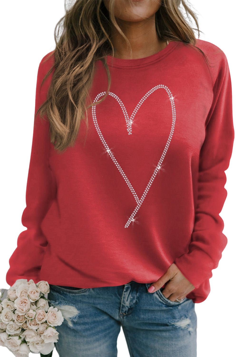 Red Rhinestone Heart Shaped Long Sleeve Sweatshirt - Blu Pepper Boutique