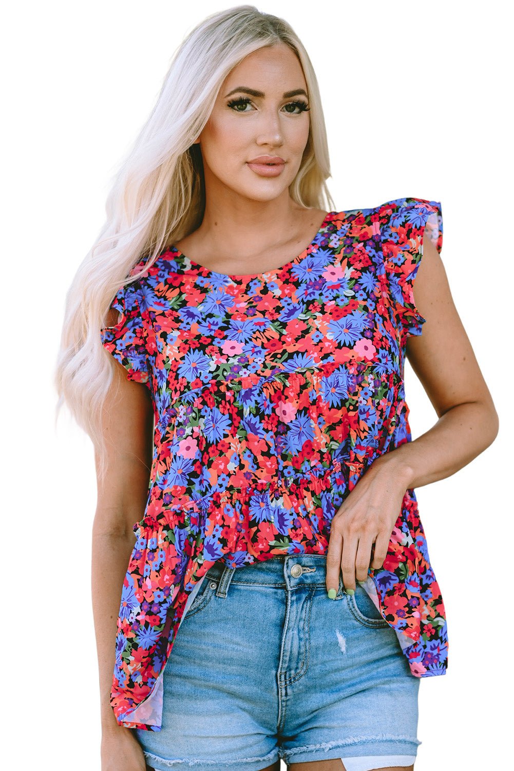 Multicolor Floral Print Ruffle Tiered Short Sleeve Babydoll Top - Blu Pepper Boutique
