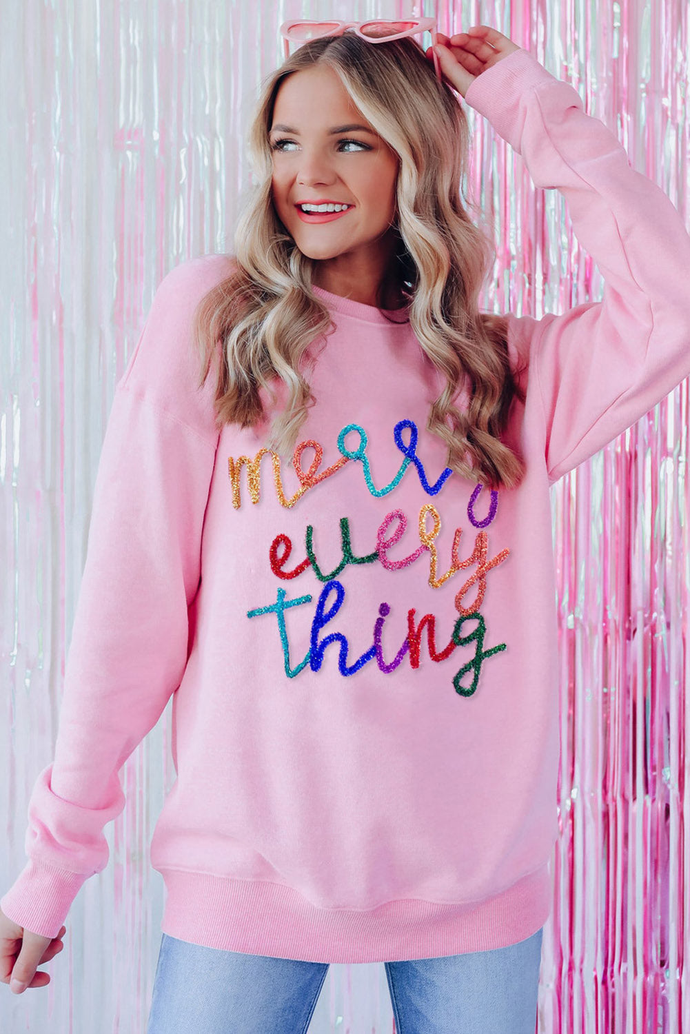 Peach Blossom Merry Every Thing Glitter Slogan Sweatshirt