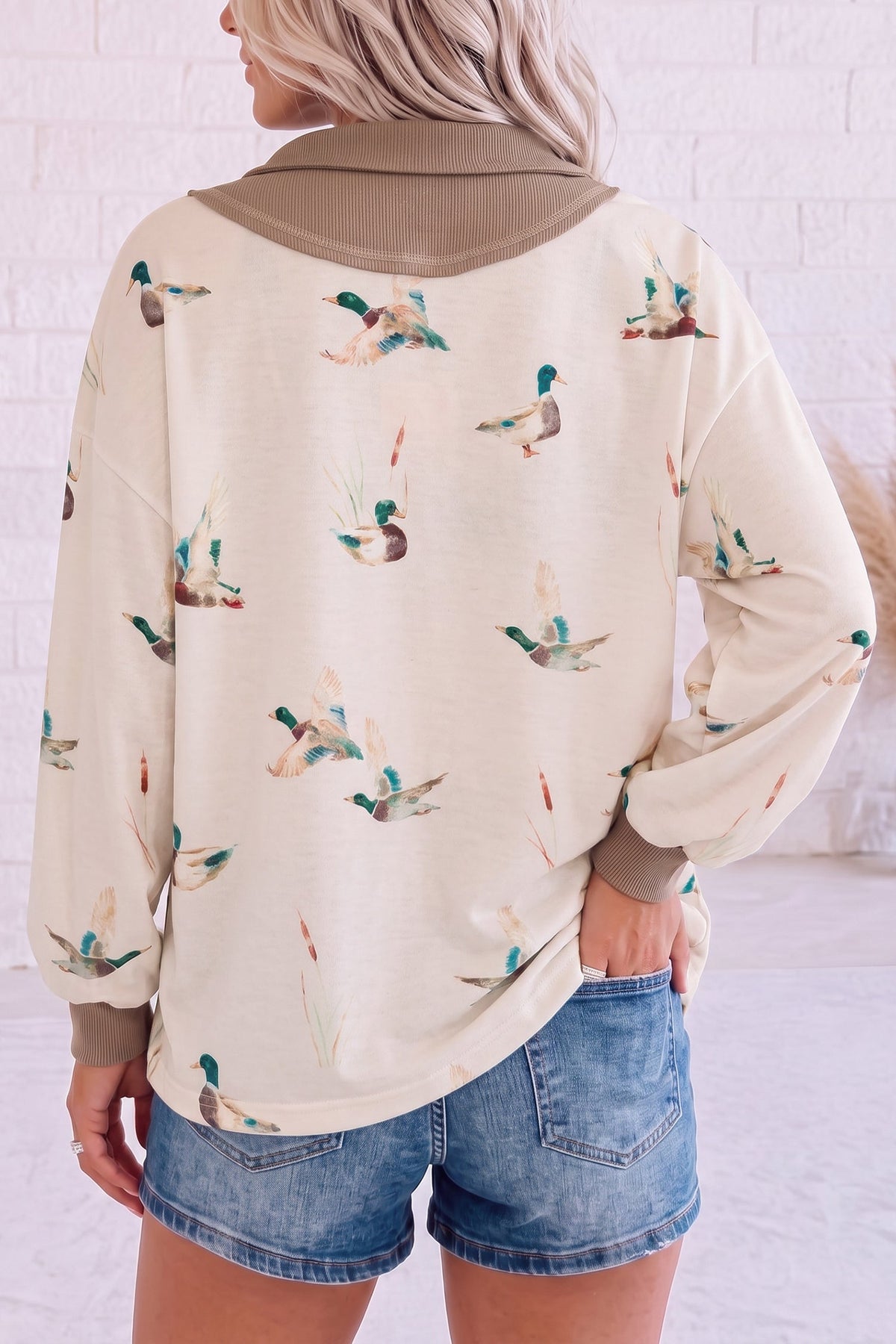 Beige Wild Mallard Print Color Block Patchwork Zip Neck Tunic Top - Blu Pepper Boutique