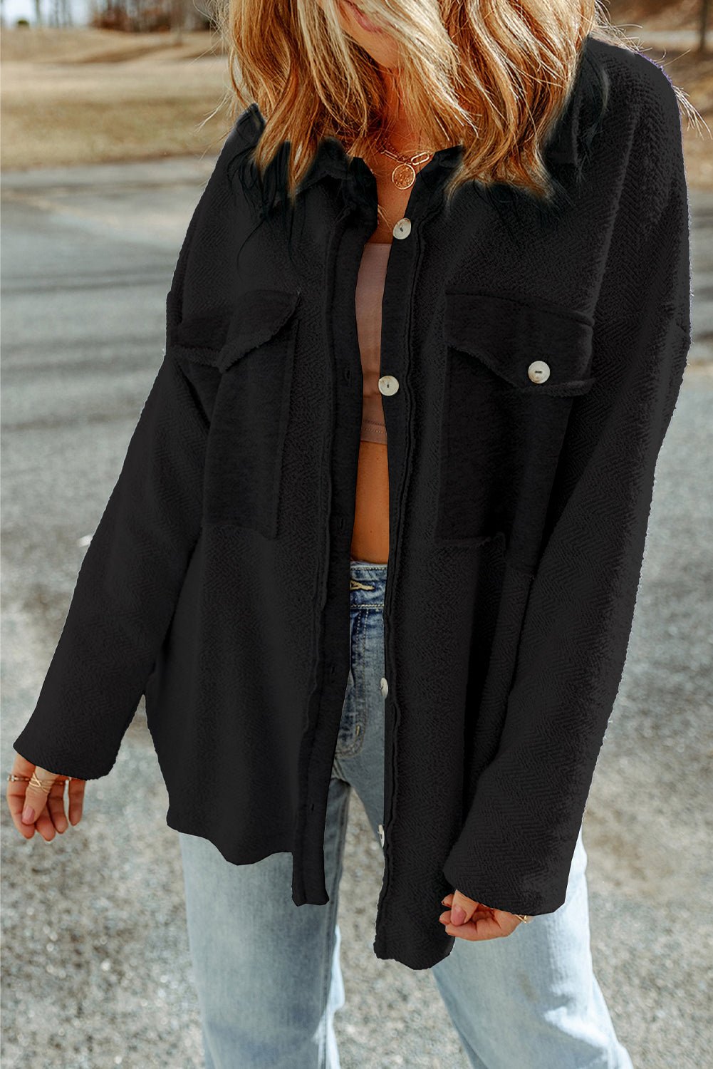 Black Contrast Flap Pockets Relaxed Shacket - Blu Pepper Boutique