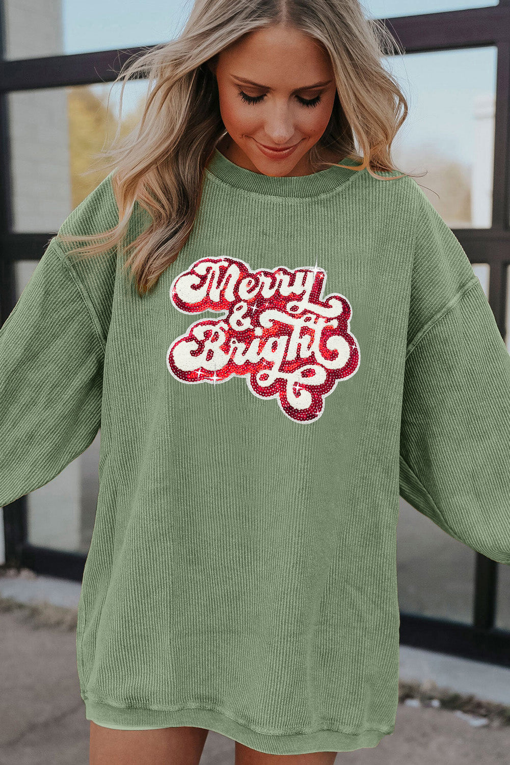 Grass Green Merry & Bright Sequin Ribbed Crew Neck Sweatshirt
