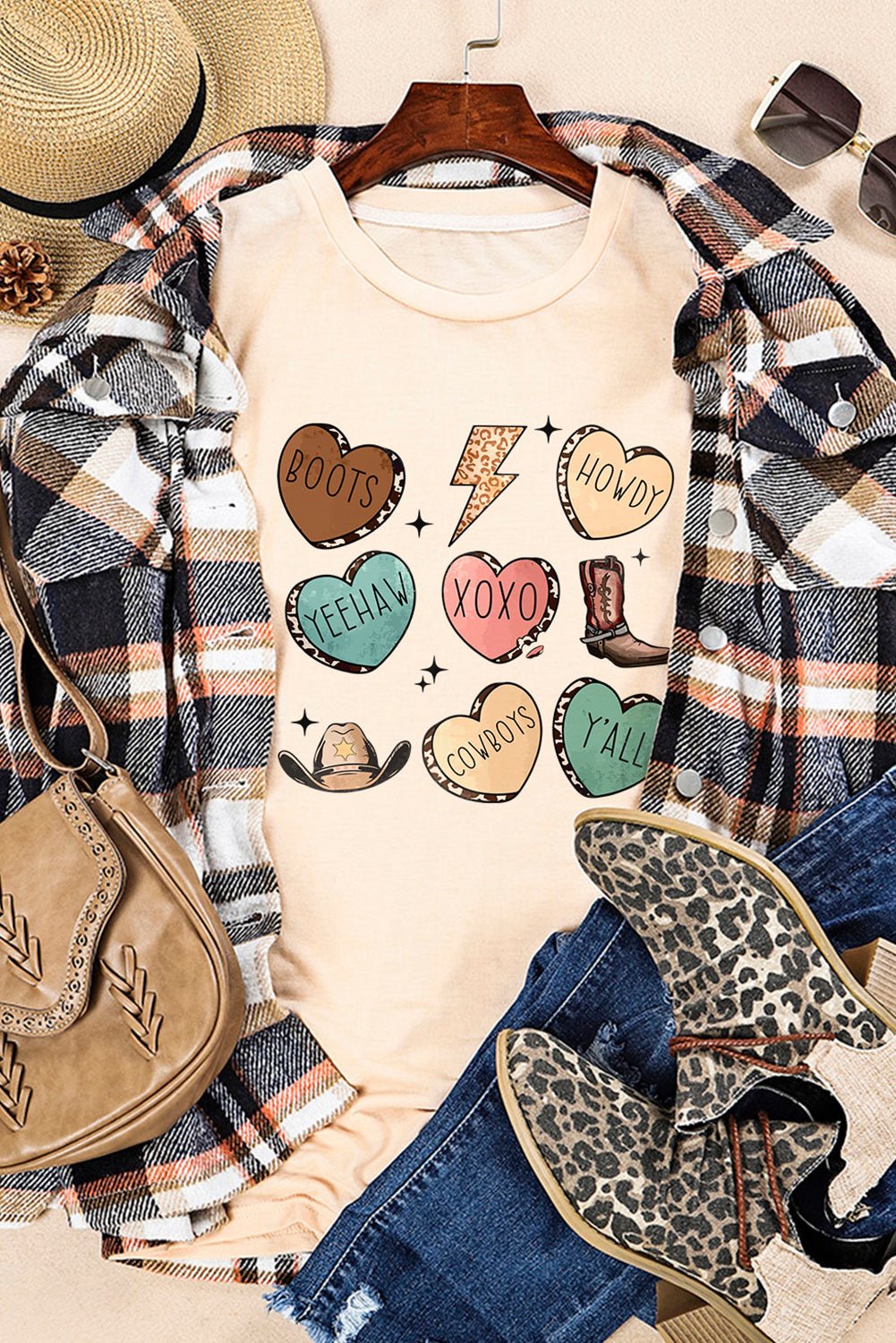Khaki Western Fashion Valentine Graphic T-shirt - Blu Pepper Boutique