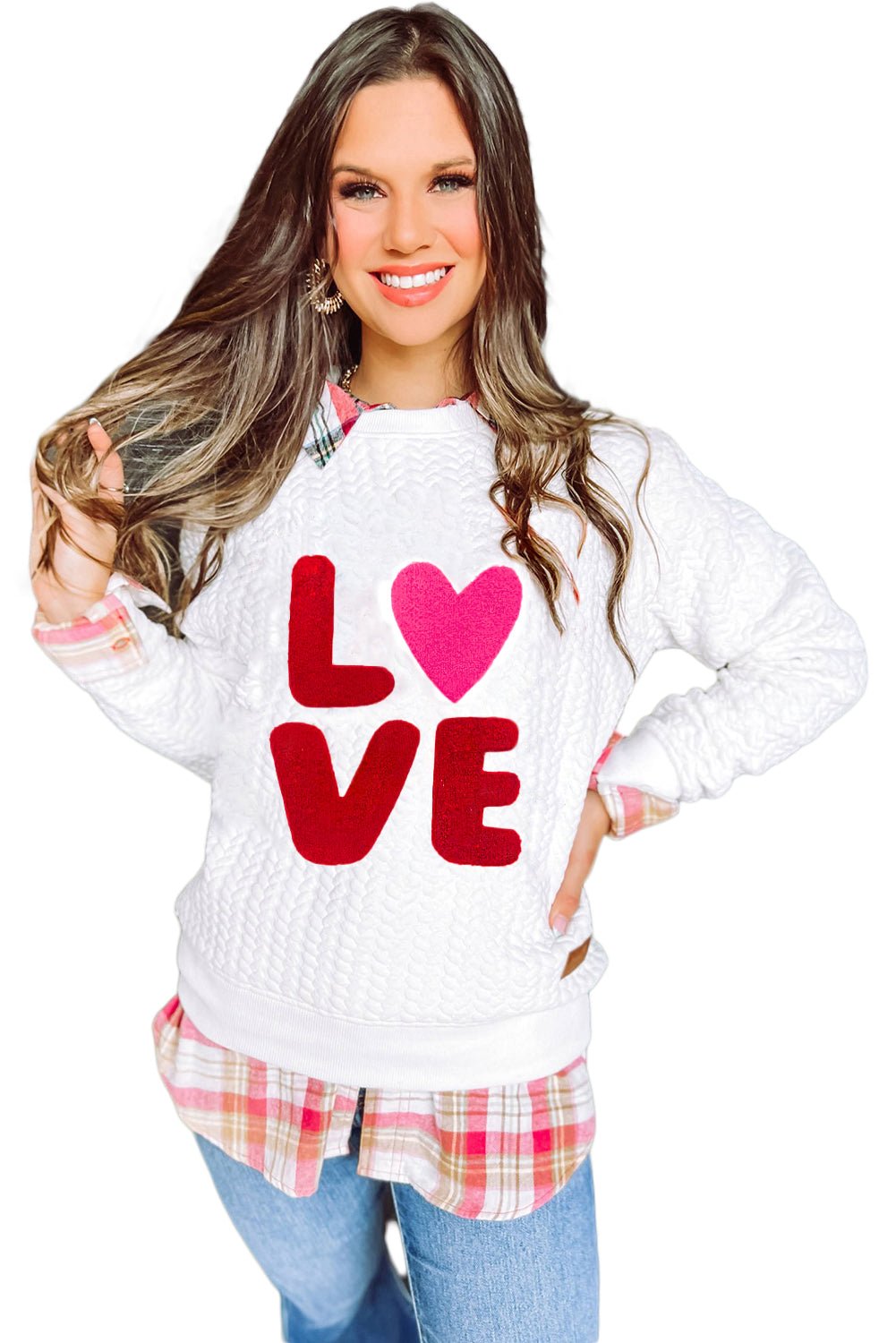 White LOVE Chenille Embroidered Cable Knit Pullover Sweatshirt - Blu Pepper Boutique