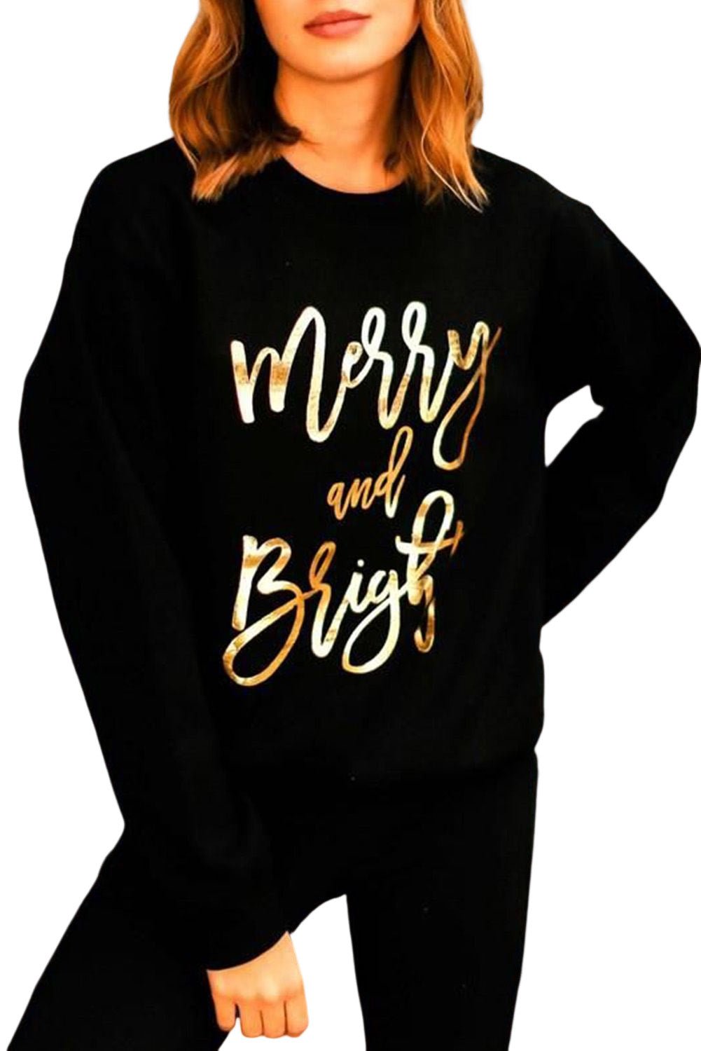 Black Merry & Bright Letter Print Pullover Sweatshirt - Blu Pepper Boutique