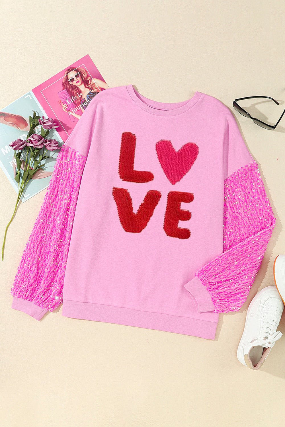 Pink Valentines LOVE Graphic Sequin Sleeve Top - Blu Pepper Boutique