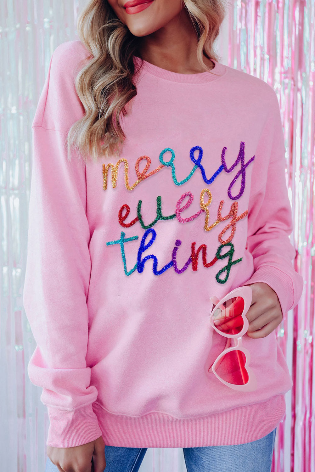 Peach Blossom Merry Every Thing Glitter Slogan Sweatshirt