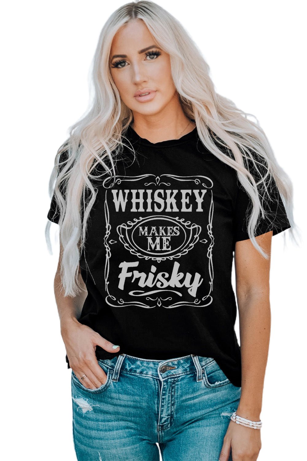 Black WHISKEY Makes Me Frisky Print Graphic Tee - Blu Pepper Boutique