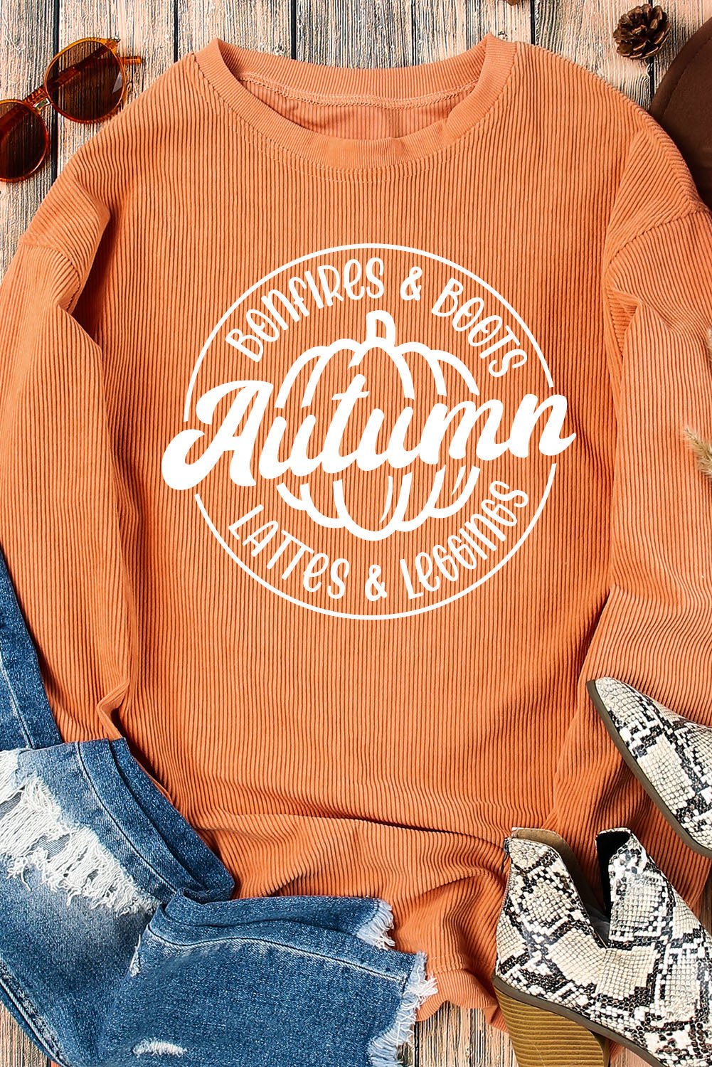 Orange Autumn Pumpkin Graphic Print Corded Oversized Sweatshirt - Blu Pepper Boutique