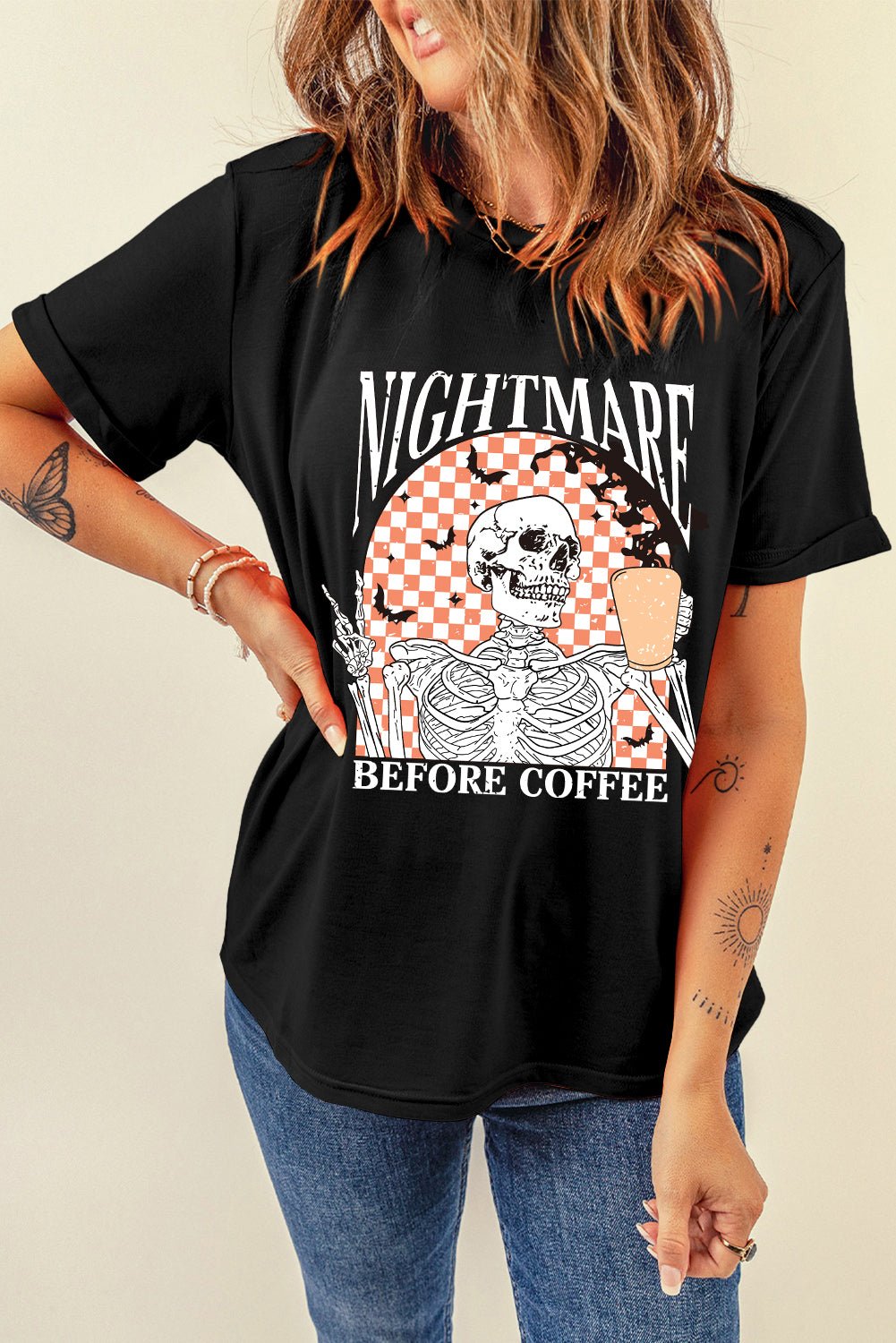 Black Nightmare Before Coffee Skull Checkerboard Graphic Halloween Tee - Blu Pepper Boutique