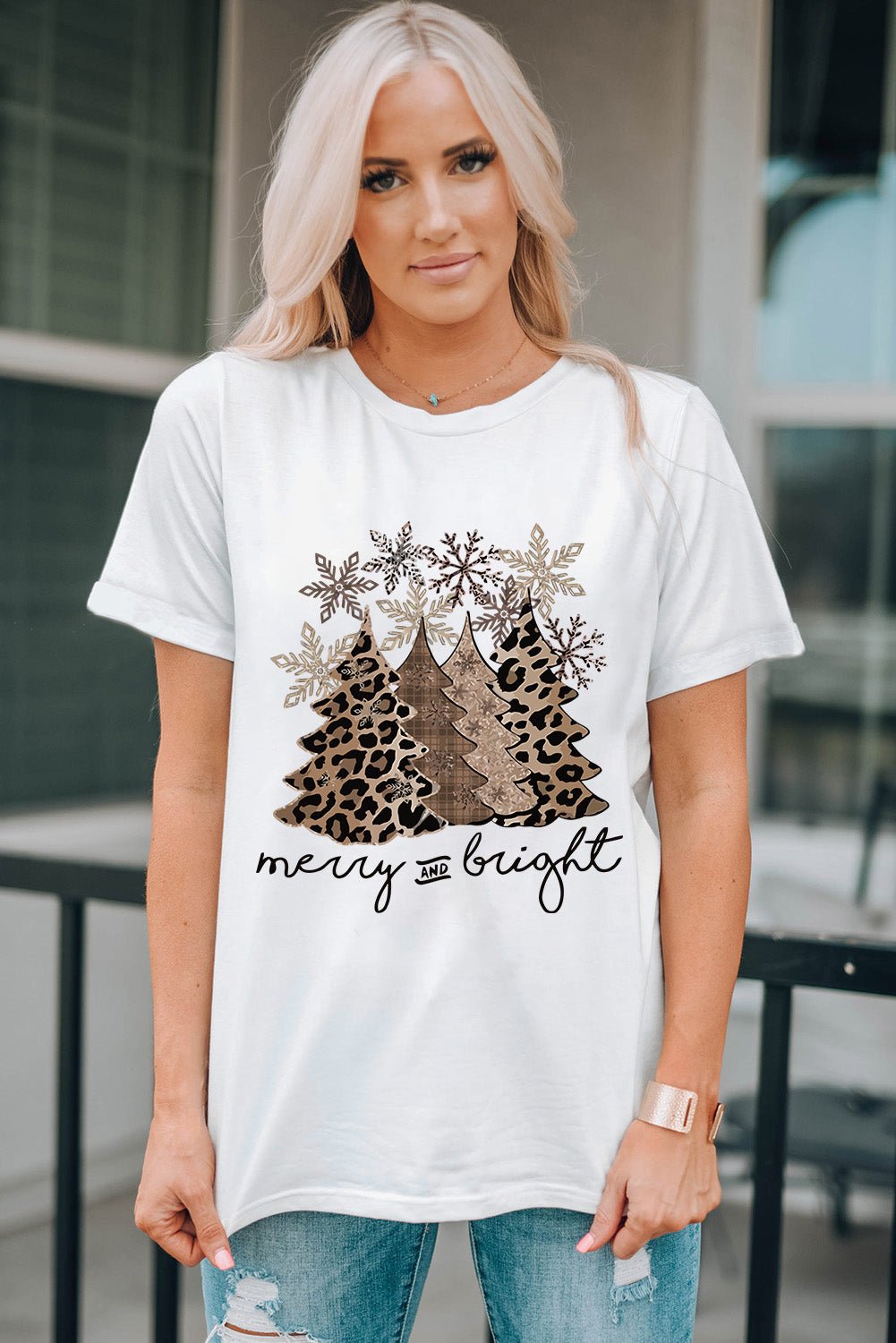 White Leopard Christmas Tree Graphic Crew Neck T Shirt - Blu Pepper Boutique