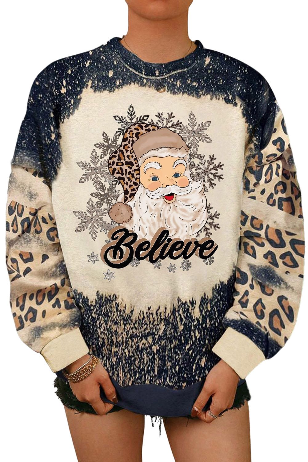 Black Believe Santa Clause Bleach Print Graphic Sweatshirt - Blu Pepper Boutique
