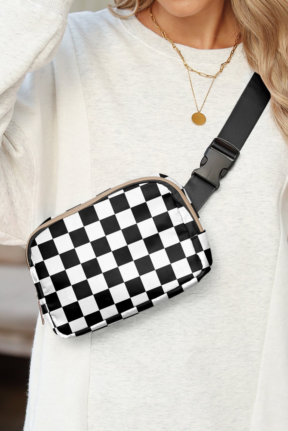 White Checkered Print Buckle Wide Belt Crossbody Bag - Blu Pepper Boutique