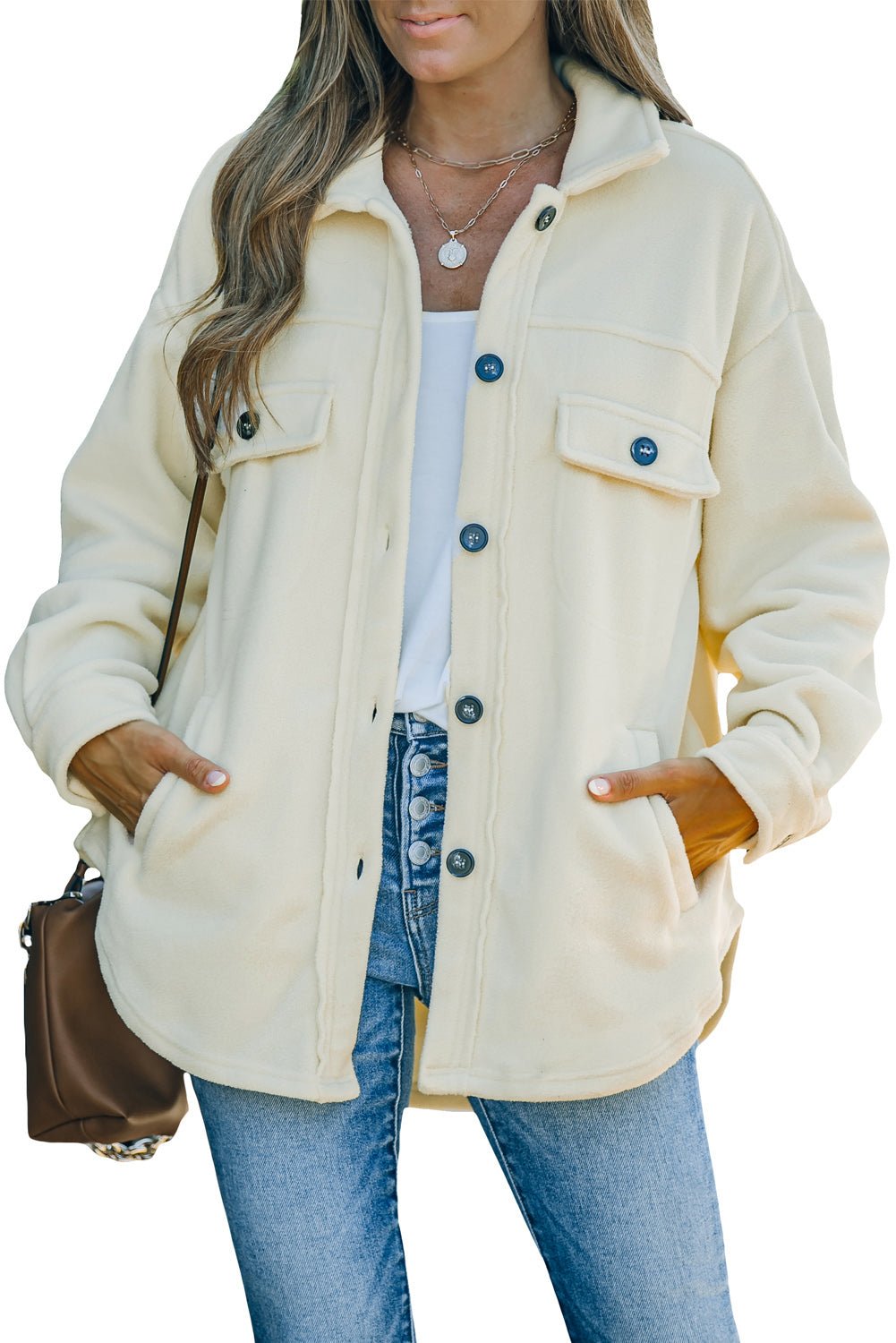 Beige Turn Down Collar Buttoned Shirt Jacket - Blu Pepper Boutique