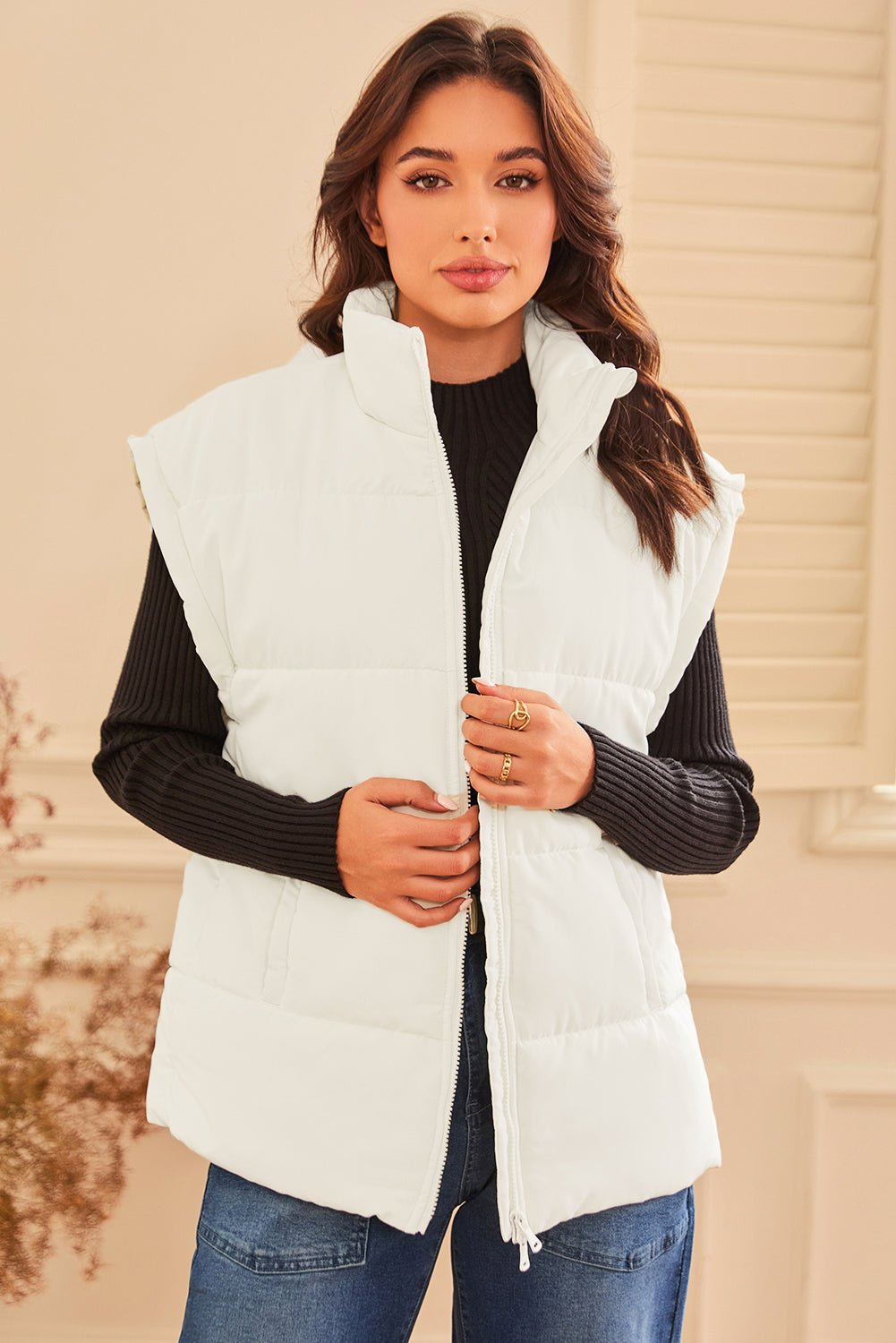 Beige Zipper Stand Neck Oversized Puffer Vest - Blu Pepper Boutique