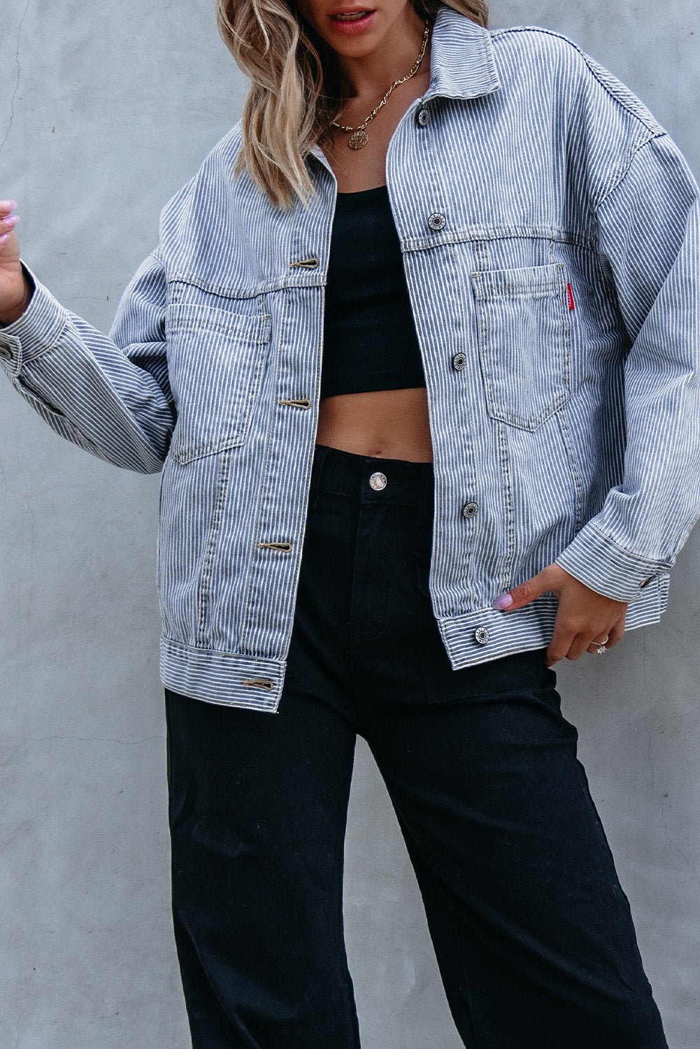 Sky Blue Stripe Washed Oversize Pocketed Denim Jacket - Blu Pepper Boutique
